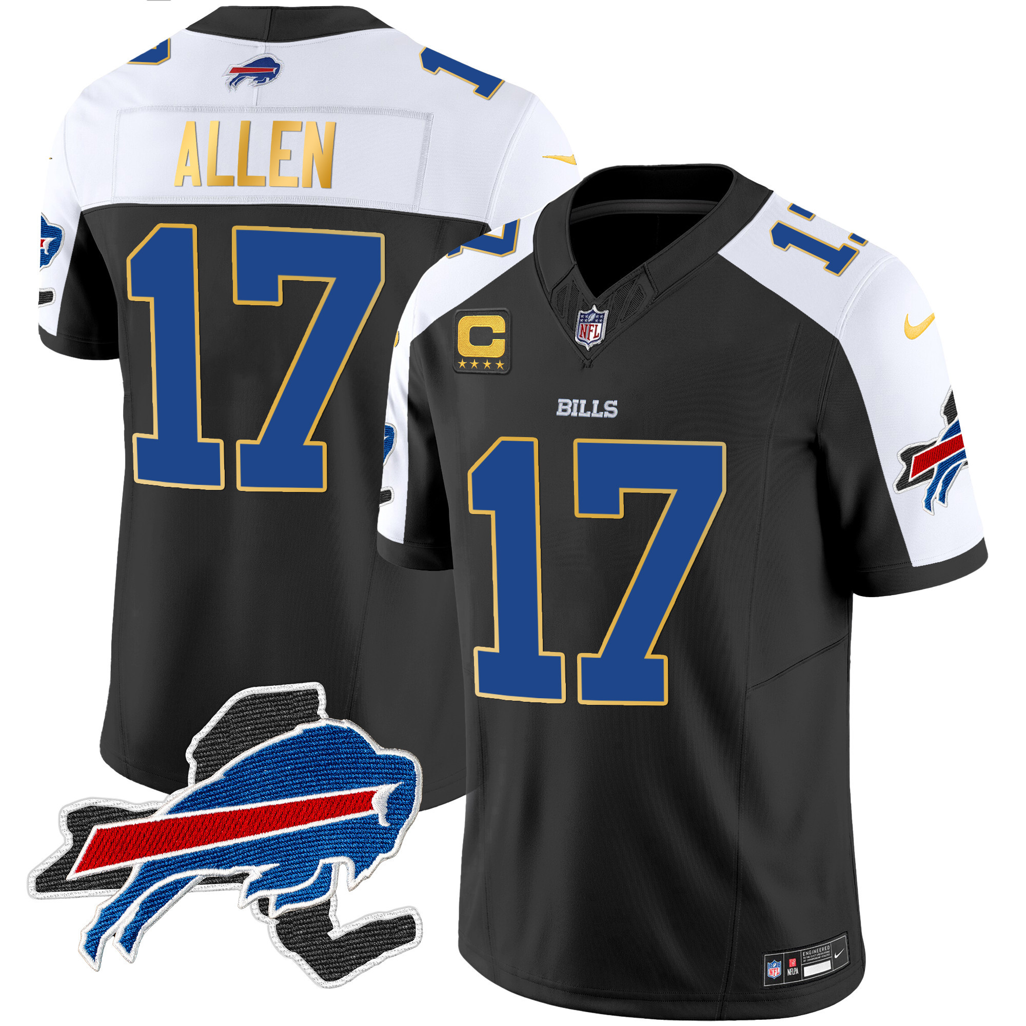 Josh Allen Men's Buffalo Bills New York Patch Gold Trim Vapor Black Alternate Jersey - All Stitched 