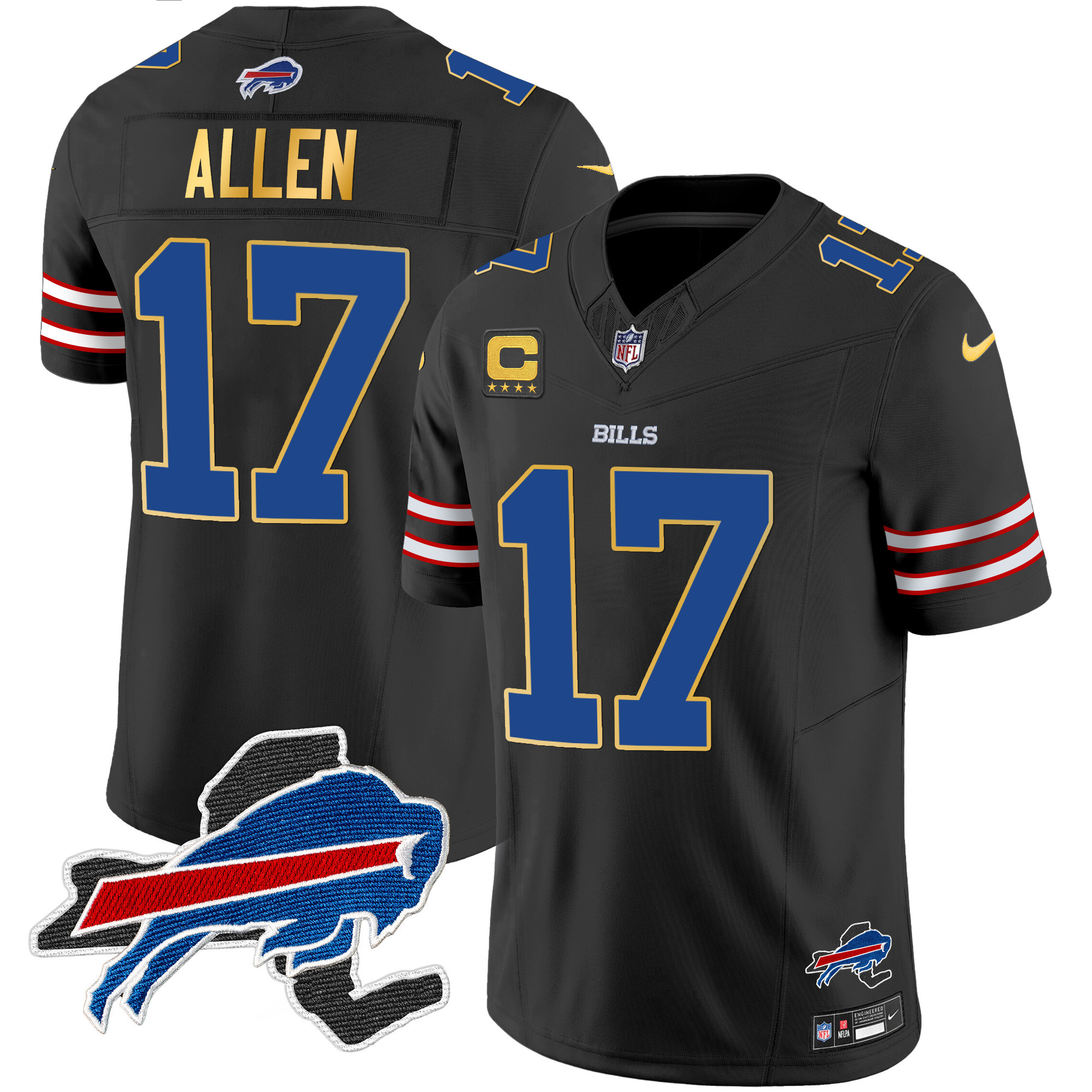 Josh Allen Men's Buffalo Bills New York Patch Gold Trim Vapor Black Jersey - All Stitched 