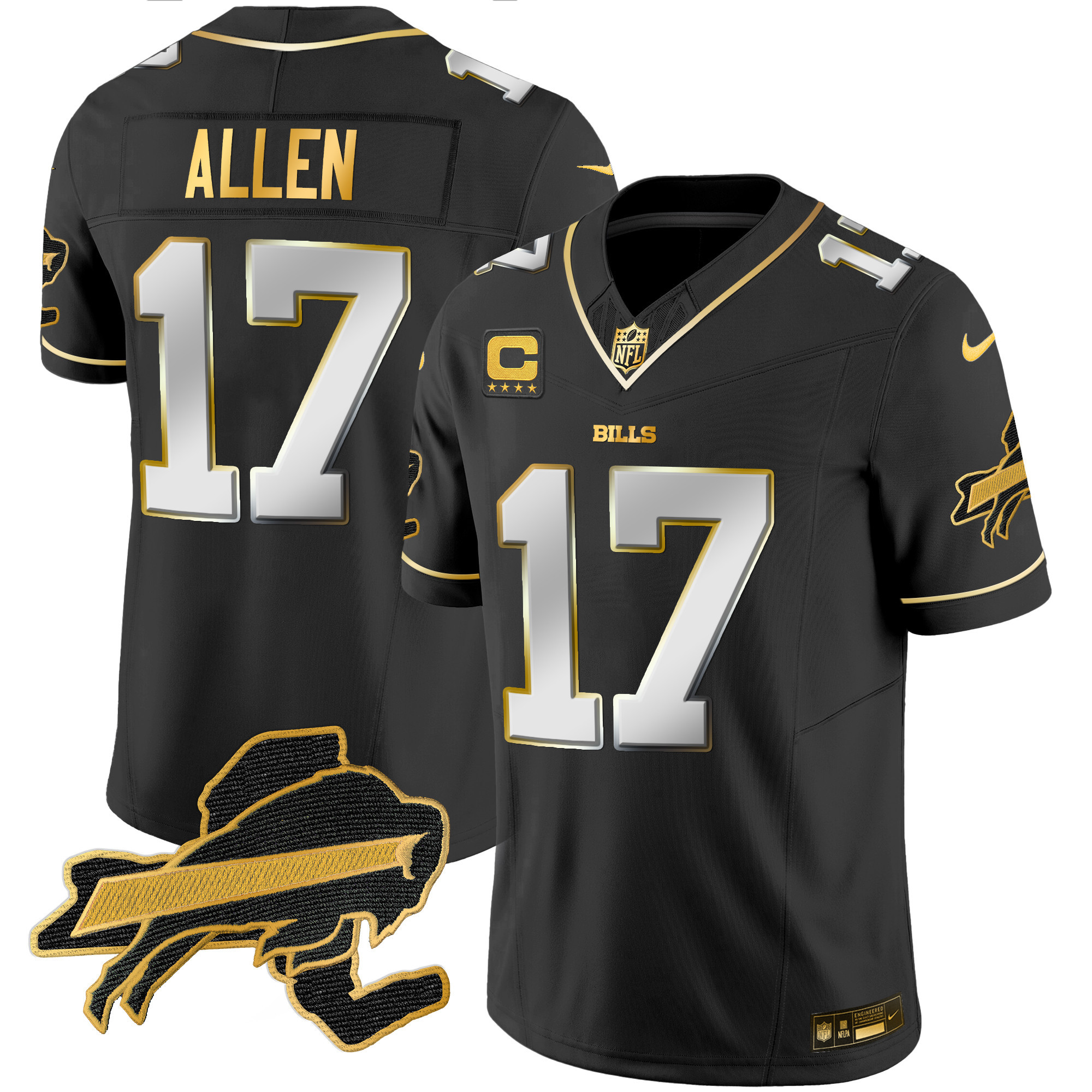 Josh Allen Men's Buffalo Bills New York Patch Gold Vapor Limited Black Limited Jersey - All Stitched 
