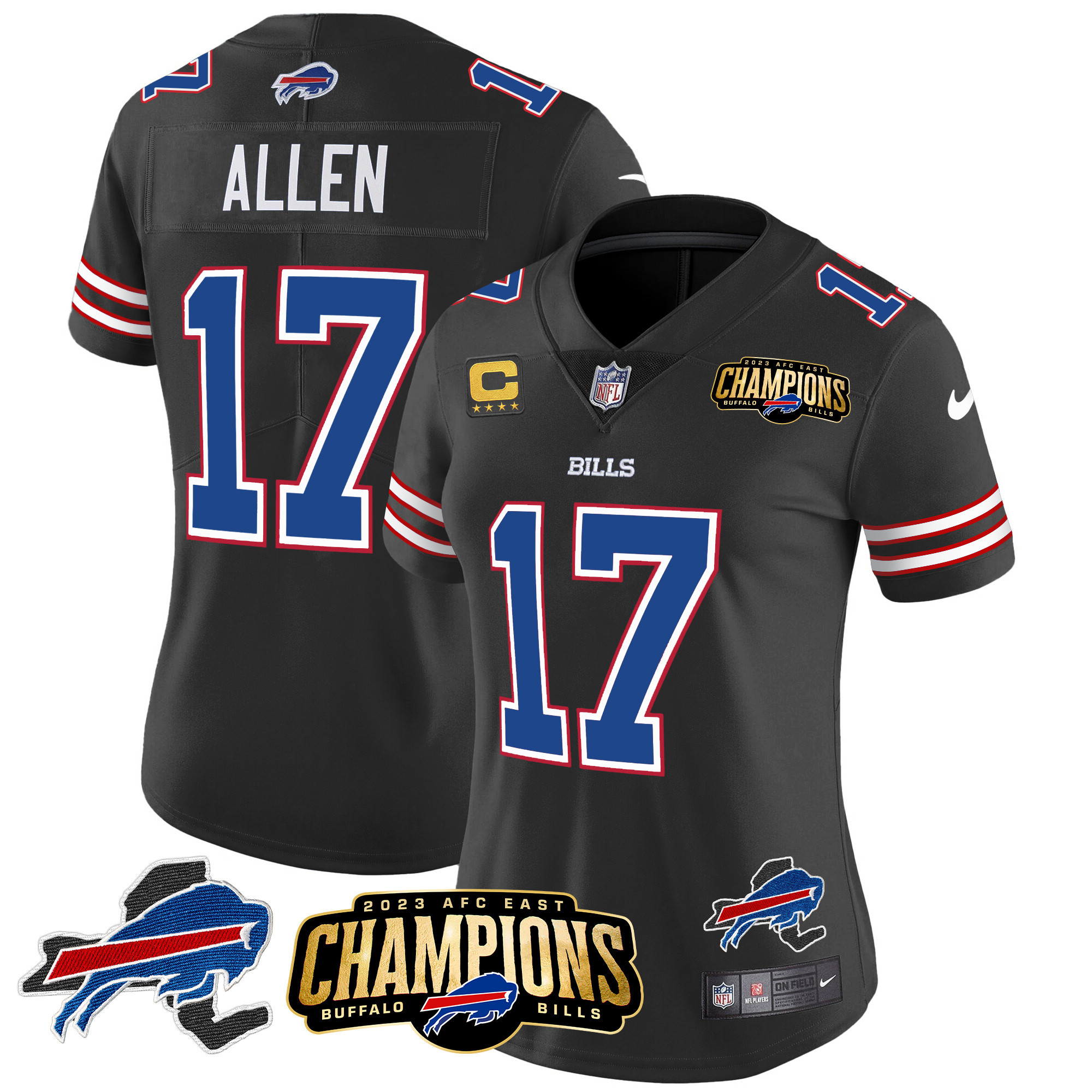 Josh Allen Women's Buffalo Bills 2023 AFC East Champions Patch Gold Vapor Black Jersey - All Stitched 
