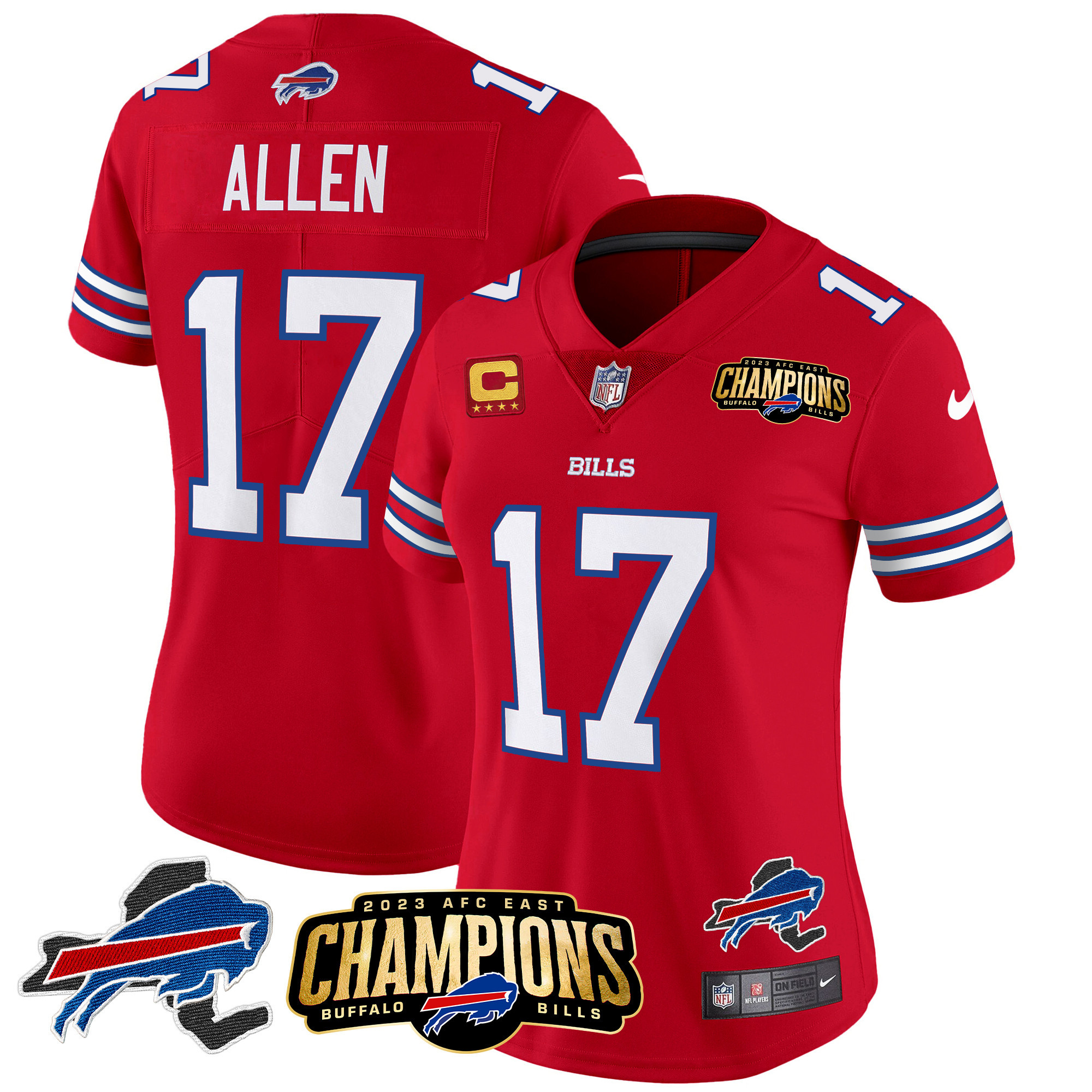 Josh Allen Women's Buffalo Bills 2023 AFC East Champions Patch Gold Vapor Red Jersey - All Stitched 