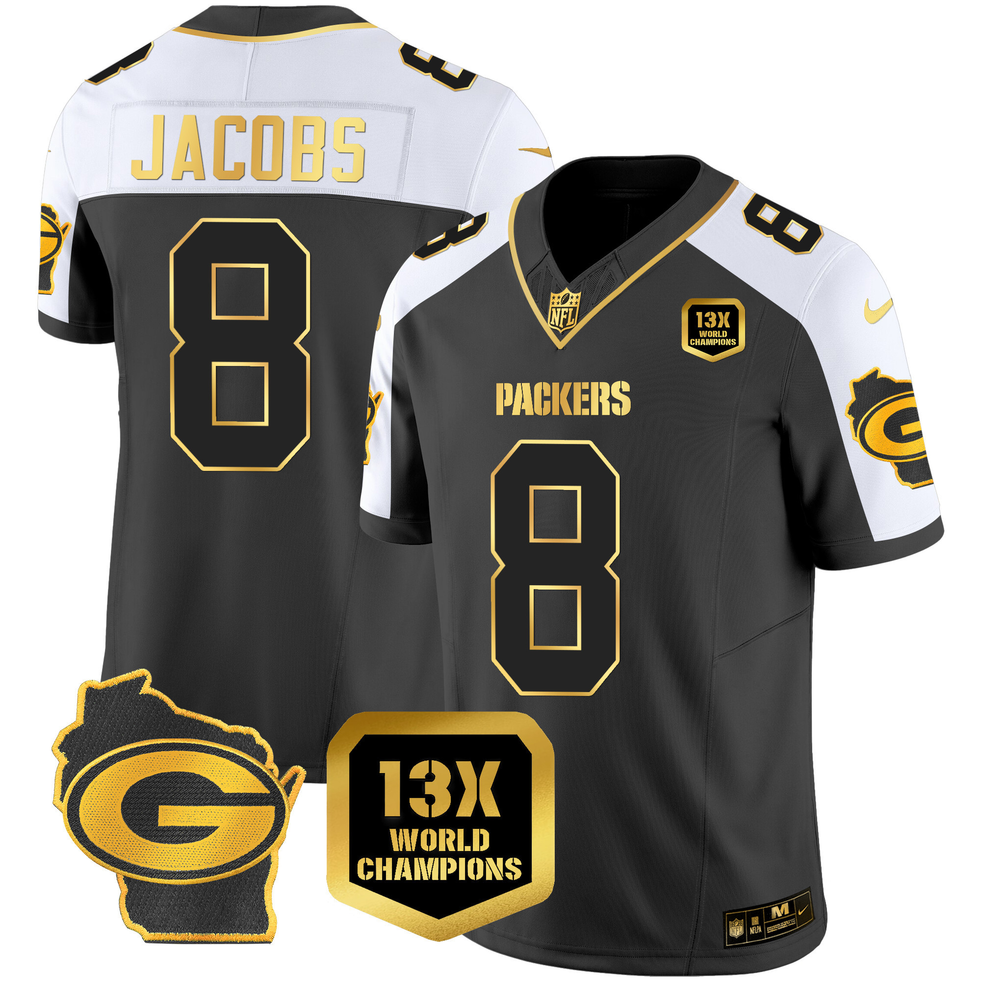 Josh Jacobs Green Bay Packers 13 Time World Champions & Home Patch Gold Vapor Alternate Jersey - All Stitched 