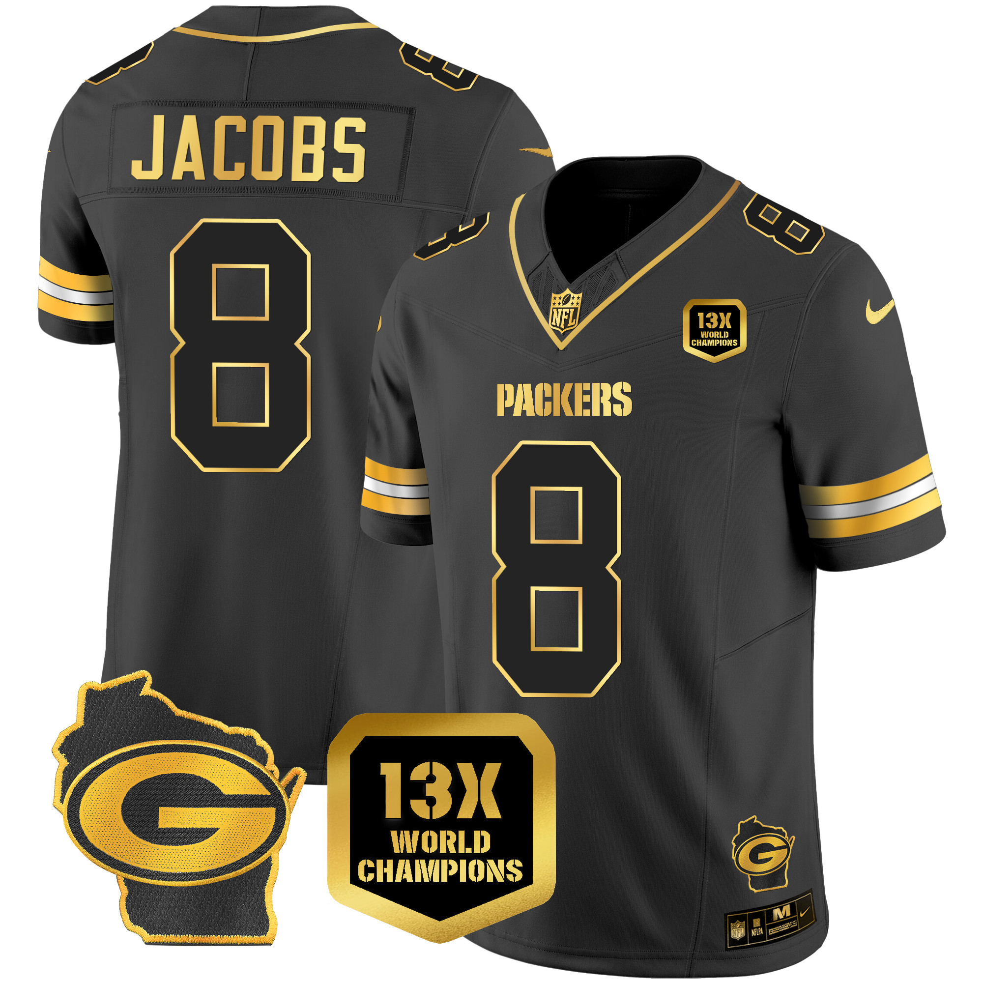 Josh Jacobs Green Bay Packers 13 Time World Champions & Home Patch Gold Vapor Black Gold Jersey - All Stitched 