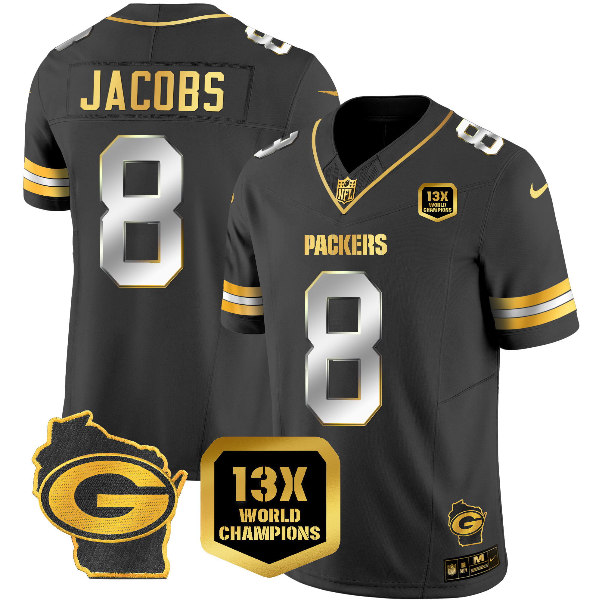 Josh Jacobs Green Bay Packers 13 Time World Champions & Home Patch Gold Vapor Black Limited Jersey - All Stitched 