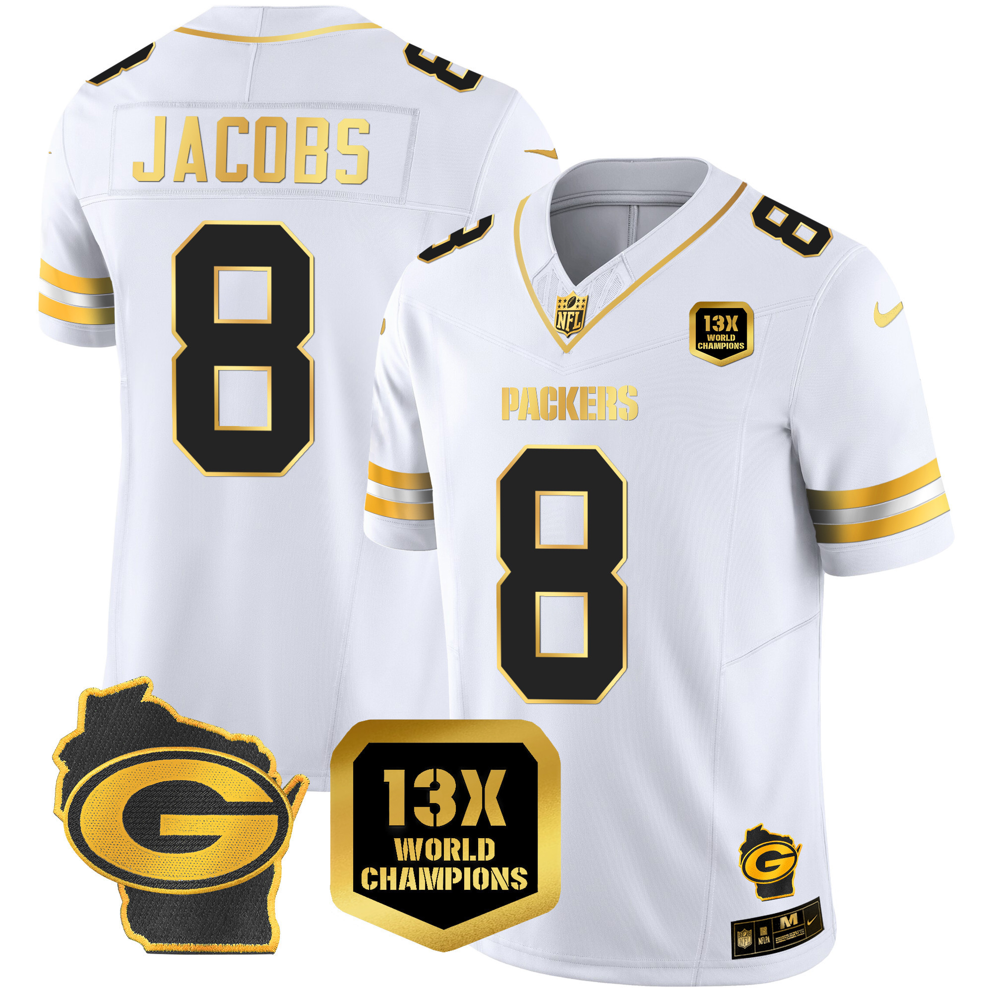 Josh Jacobs Green Bay Packers 13 Time World Champions & Home Patch Gold Vapor White Gold Jersey - All Stitched 