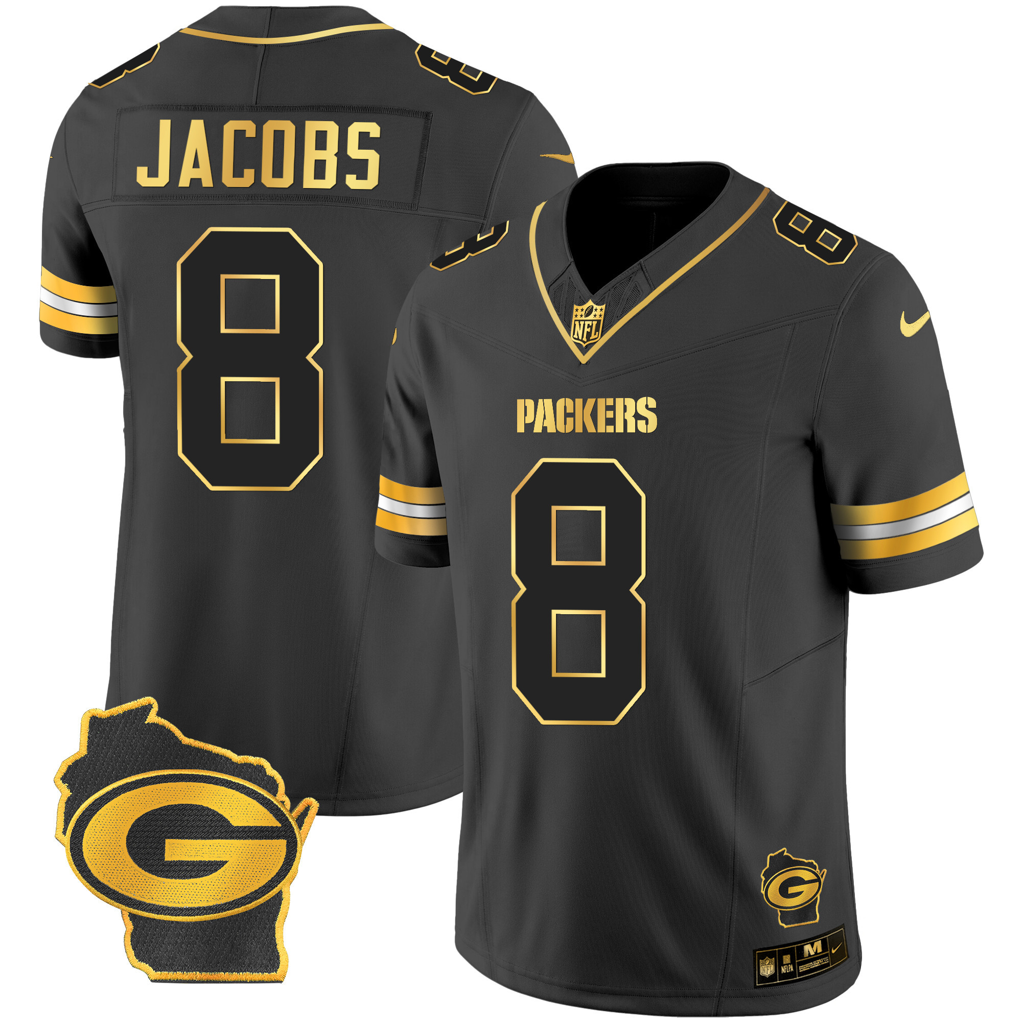Josh Jacobs Green Bay Packers Home Patch Gold Vapor Black Gold Jersey - All Stitched 