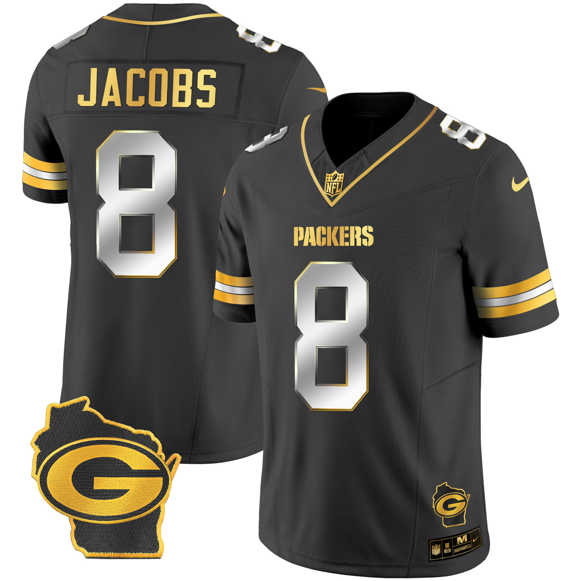Josh Jacobs Green Bay Packers Home Patch Gold Vapor Black Limited Jersey - All Stitched 