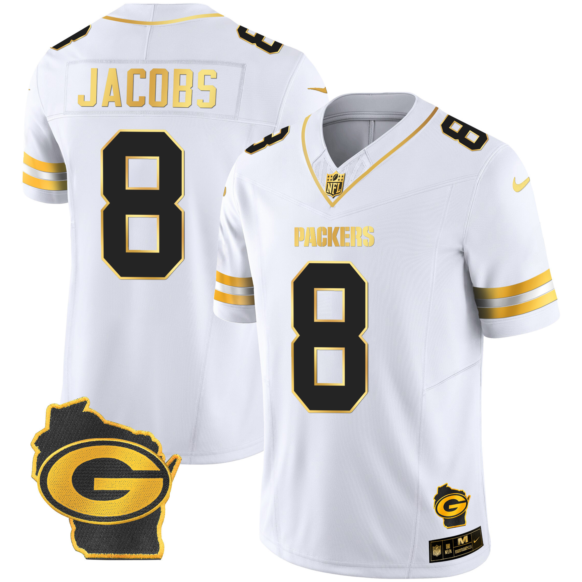 Josh Jacobs Green Bay Packers Home Patch Gold Vapor White Gold Jersey - All Stitched 