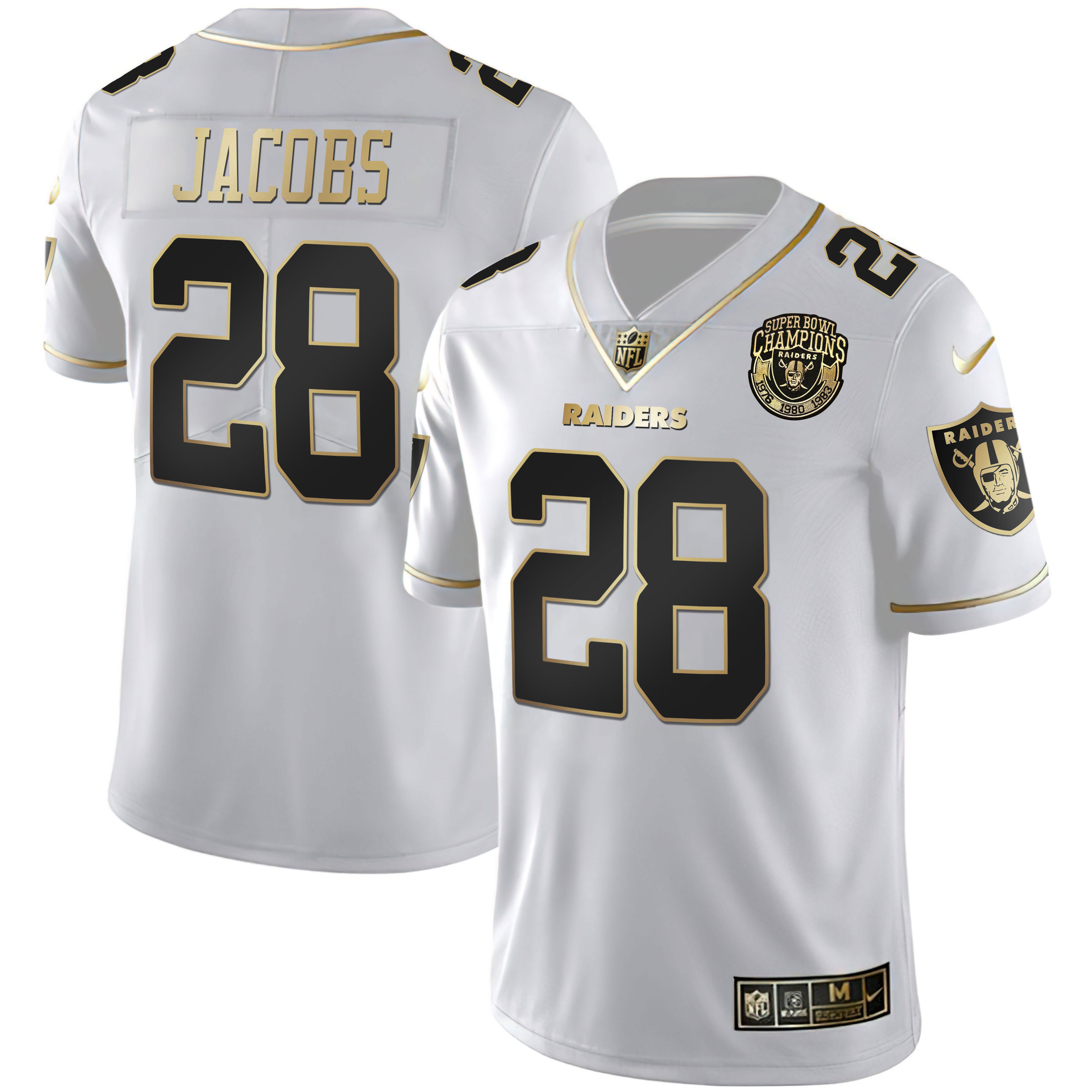 Josh Jacobs Men's Las Vegas Raiders 1976 - 1980 - 1983 Super Bowl Champions Patch White Gold and Black Gold White Gold Jersey - All Stitched 