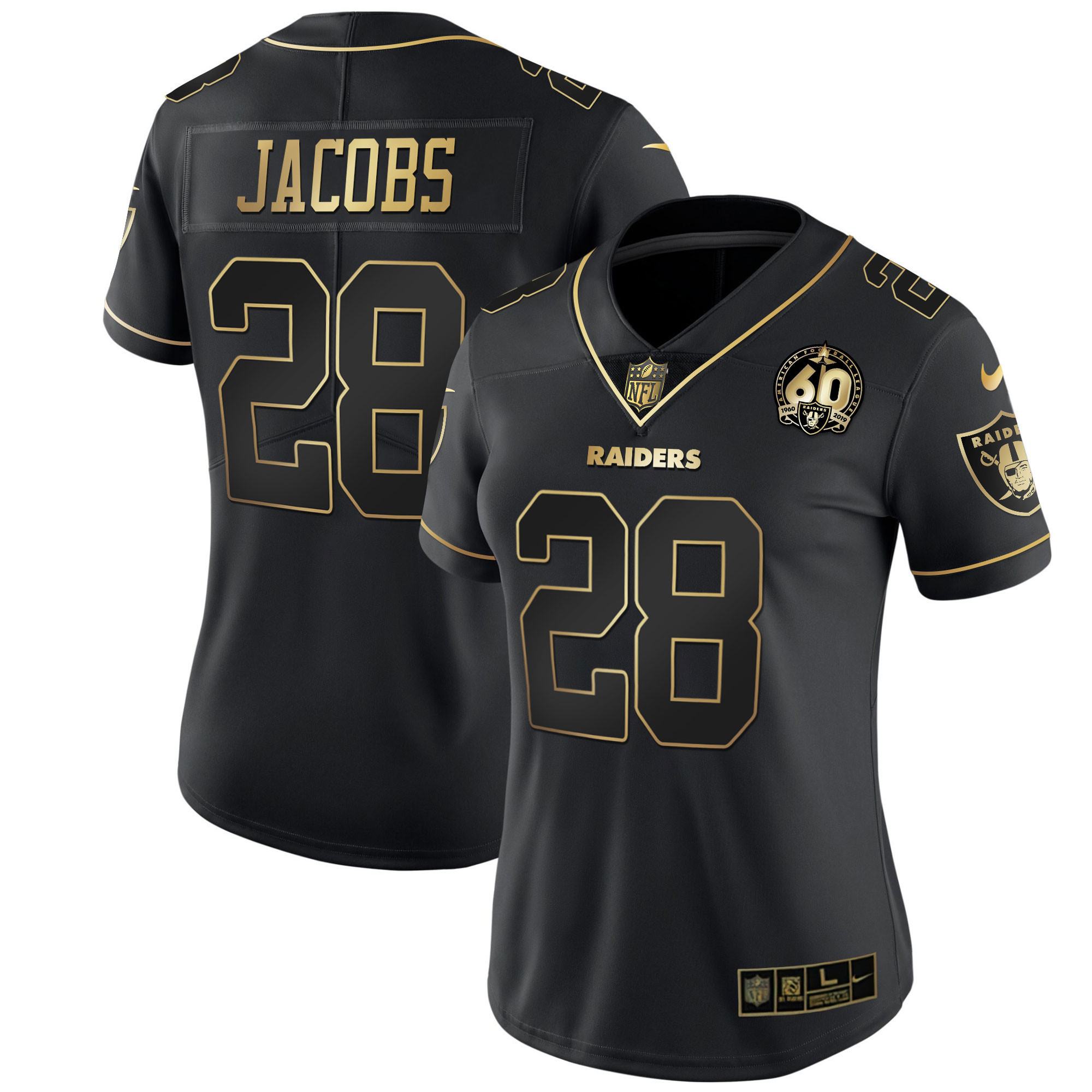 Josh Jacobs Women's Las Vegas Raiders 60th Season Patch Gold & Split Black Gold Jersey - All Stitched 