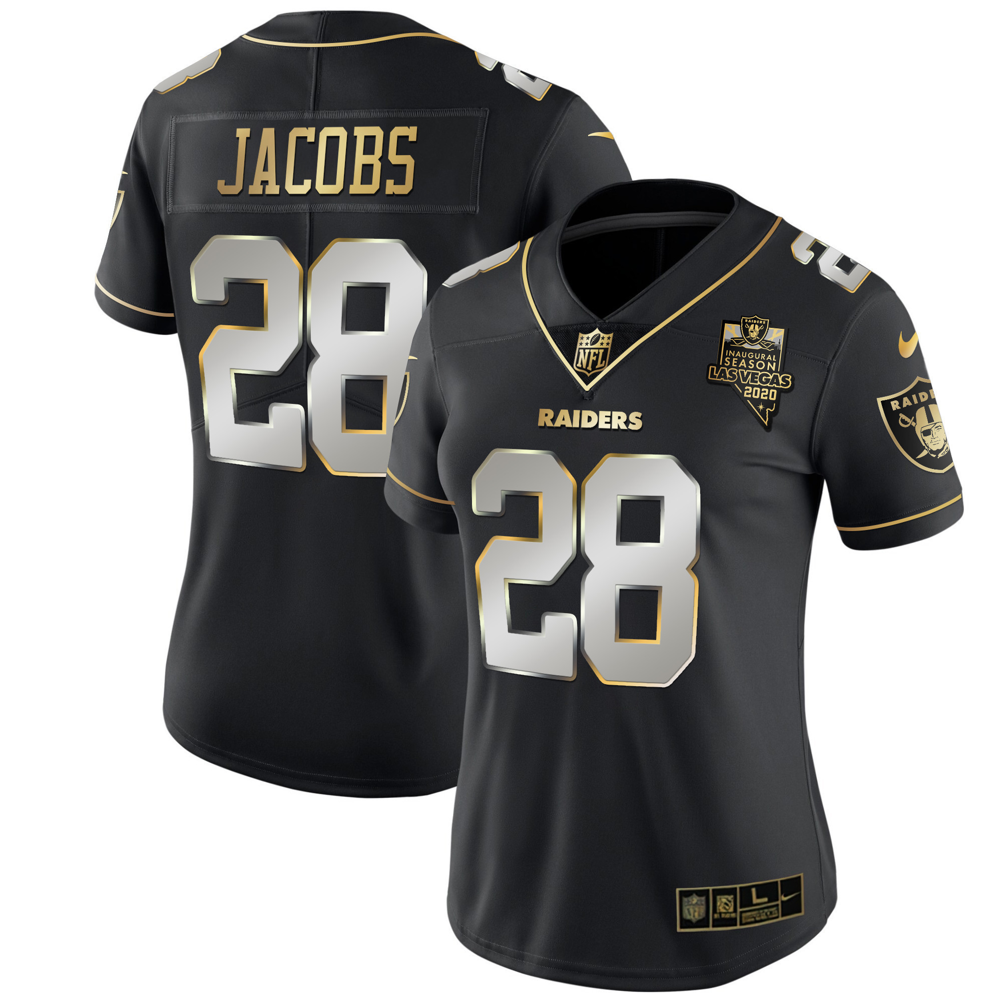 Josh Jacobs Women's Las Vegas Raiders Inaugural Season Patch Gold & Split Black Limited Jersey - All Stitched 