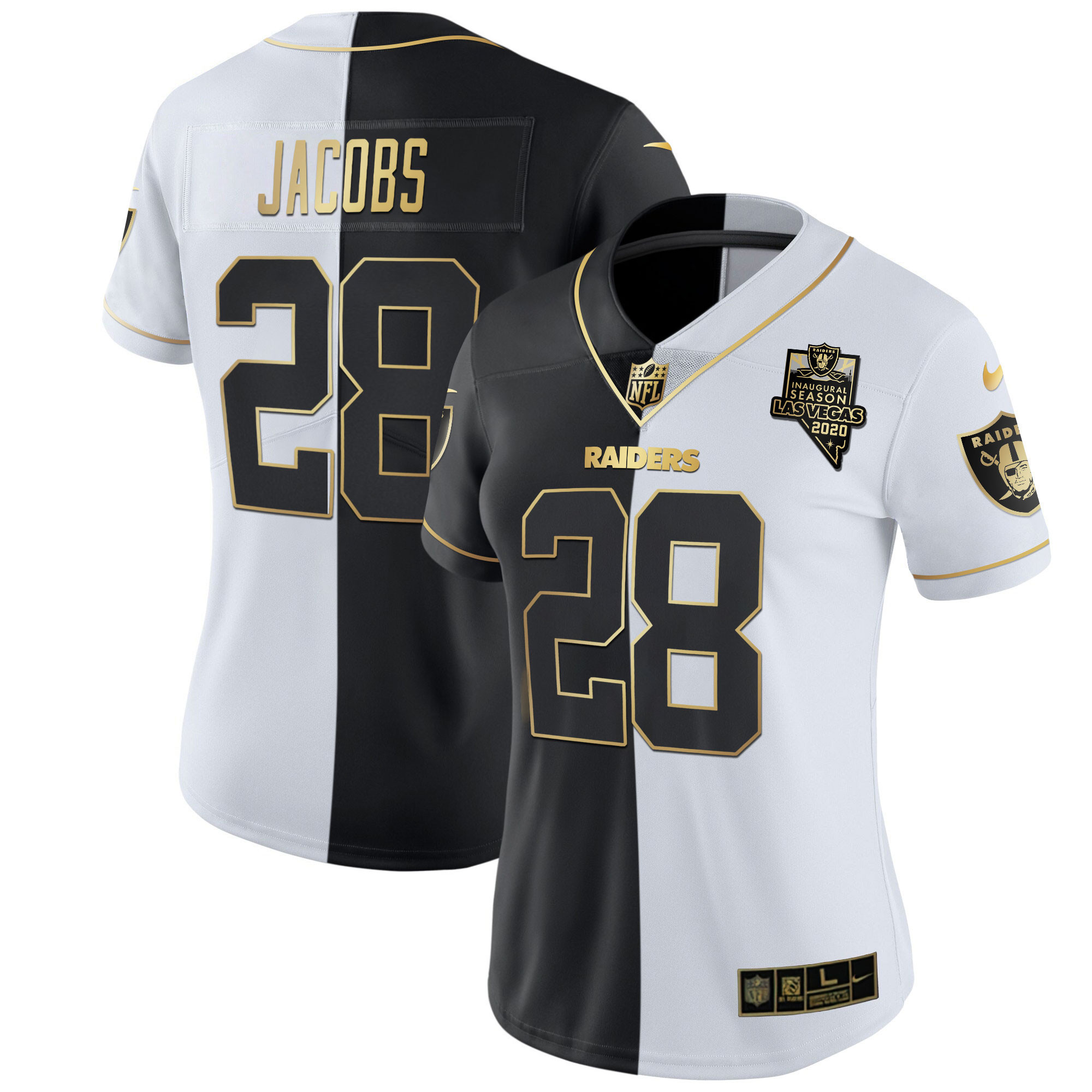 Josh Jacobs Women's Las Vegas Raiders Inaugural Season Patch Gold & Split Split Gold Jersey - All Stitched 