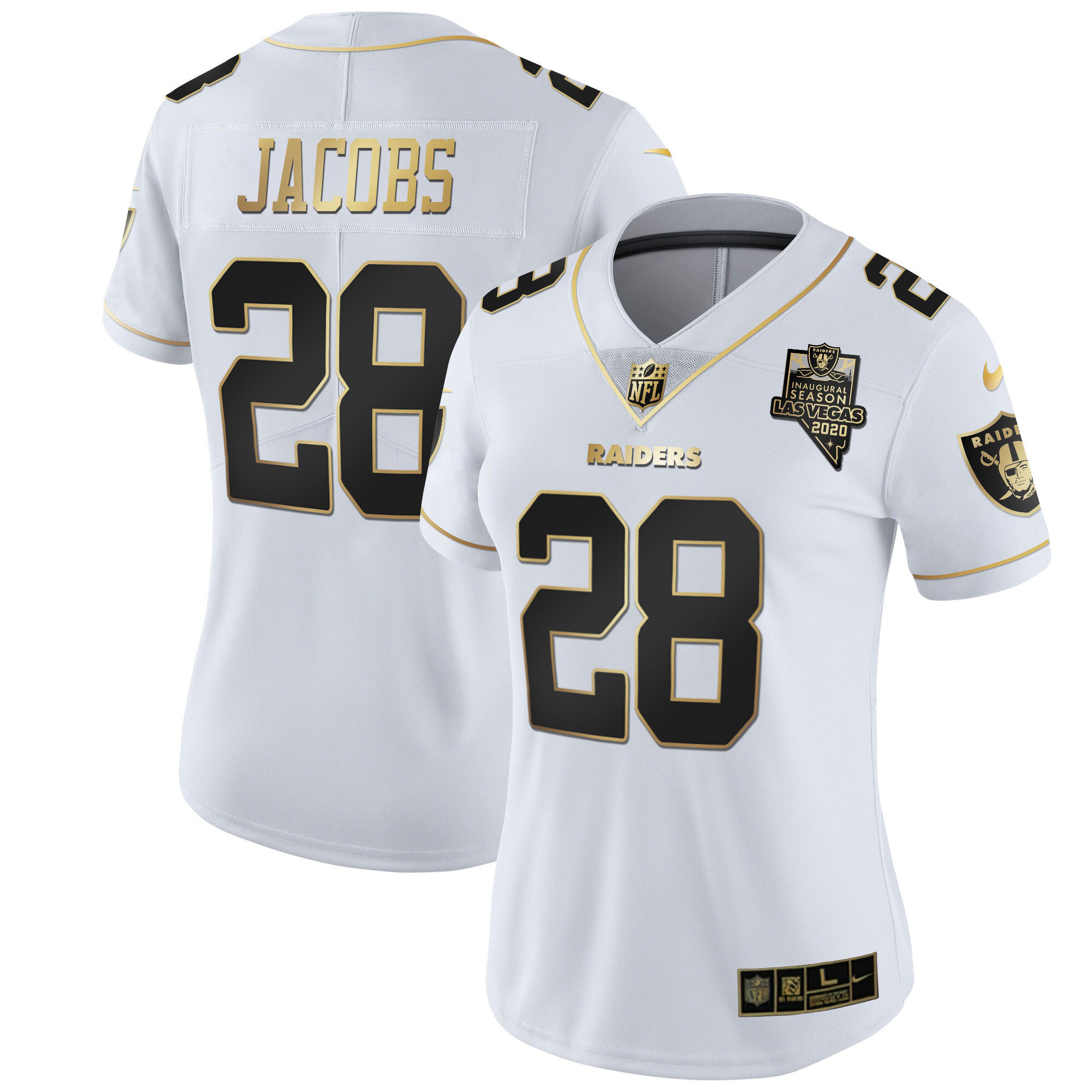 Josh Jacobs Women's Las Vegas Raiders Inaugural Season Patch Gold & Split White Gold Jersey - All Stitched 