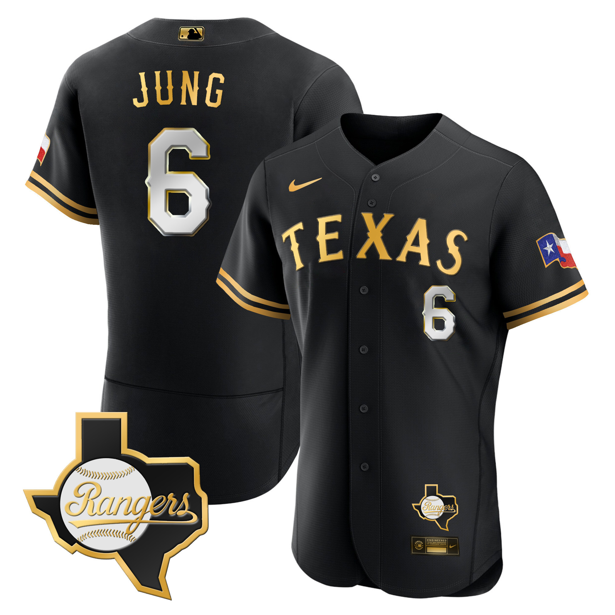 Josh Jung Men's Texas Rangers 2023 Flex Base - Texas Patch Black Gold Jersey - All Stitched