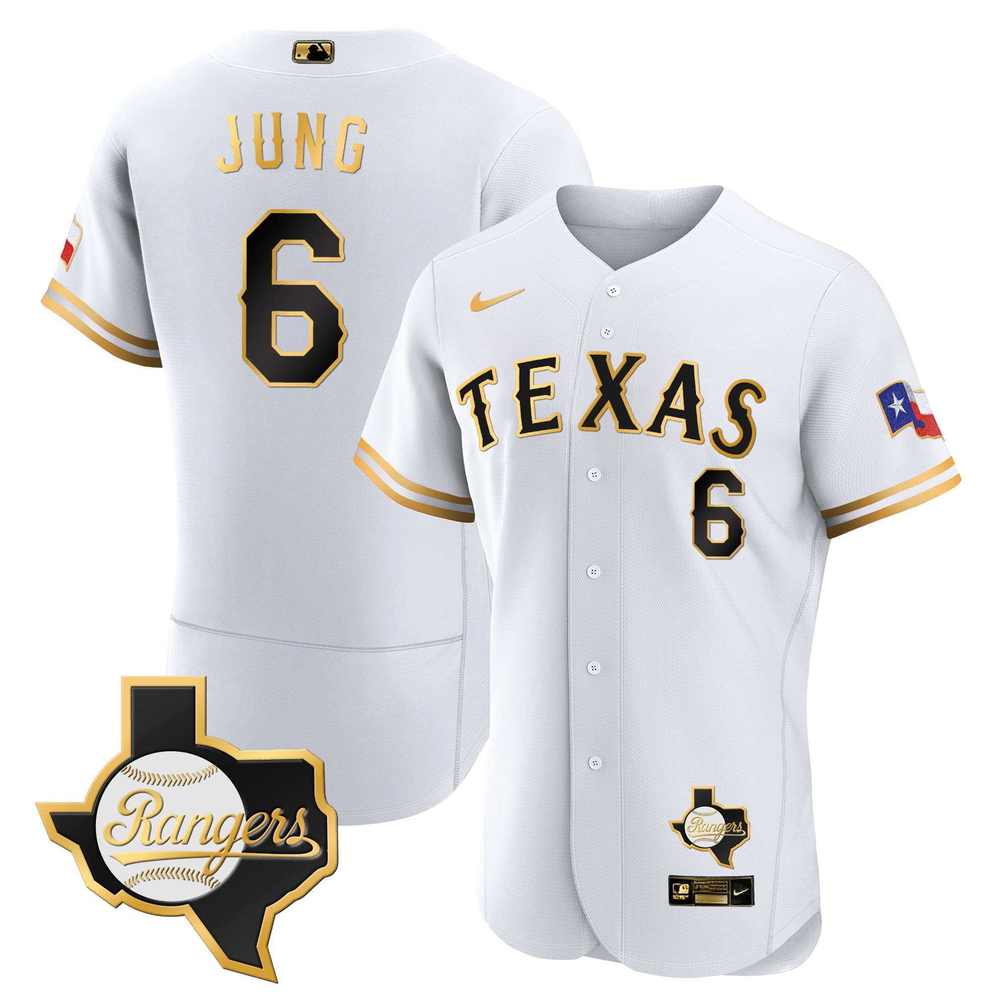 Josh Jung Men's Texas Rangers 2023 Flex Base - Texas Patch White Gold Jersey - All Stitched
