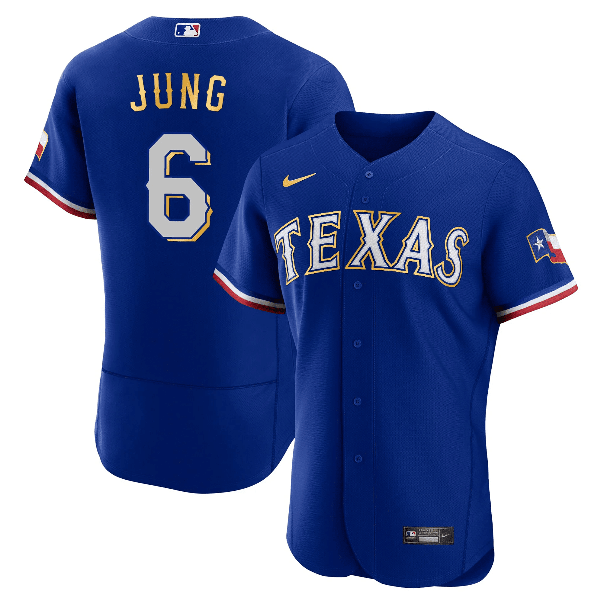 Josh Jung Men's Texas Rangers 2023 Gold Trim Flex Royal Jersey - All Stitched