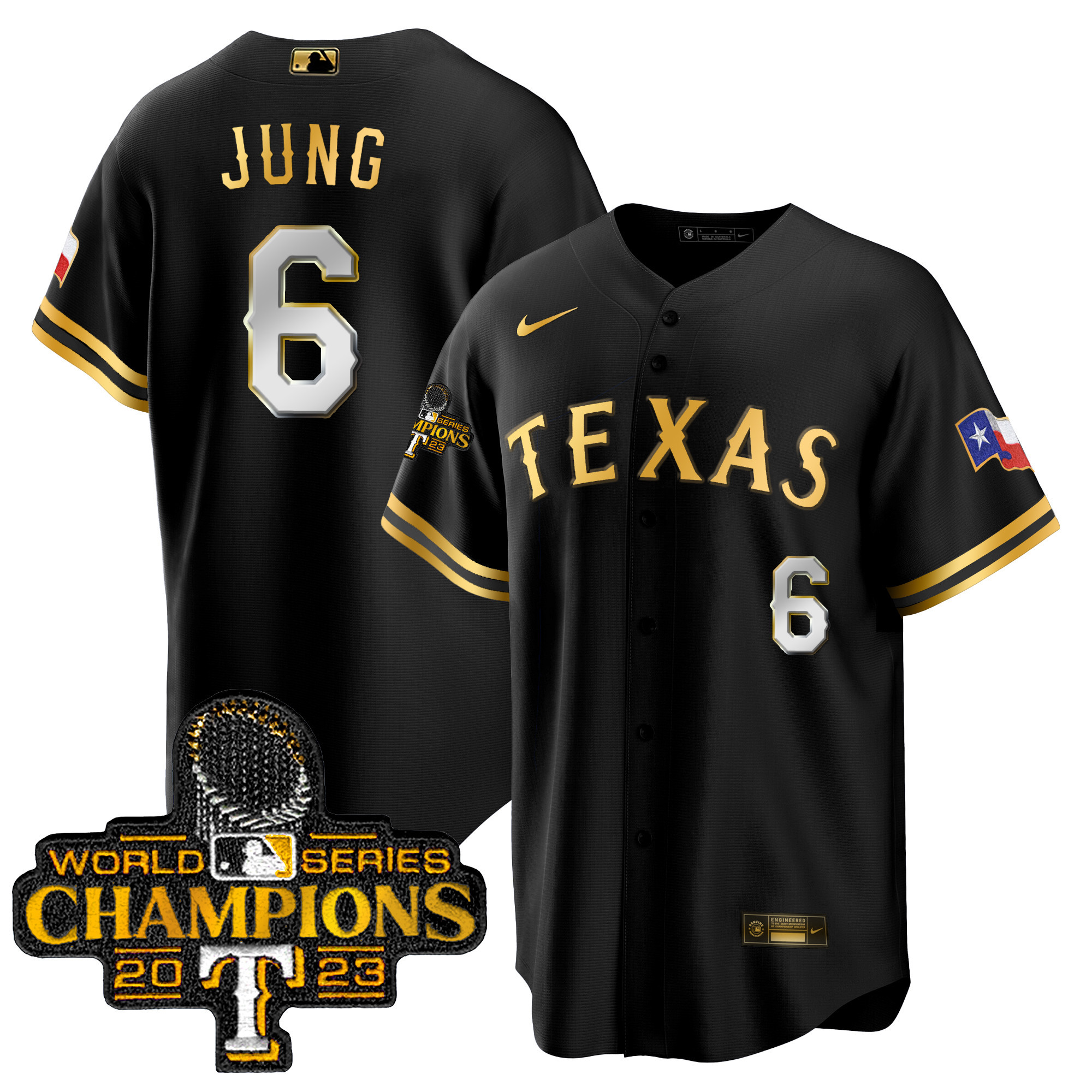Josh Jung Men's Texas Rangers 2023 World Series Champions Cool Base Black Gold Jersey - All Stitched