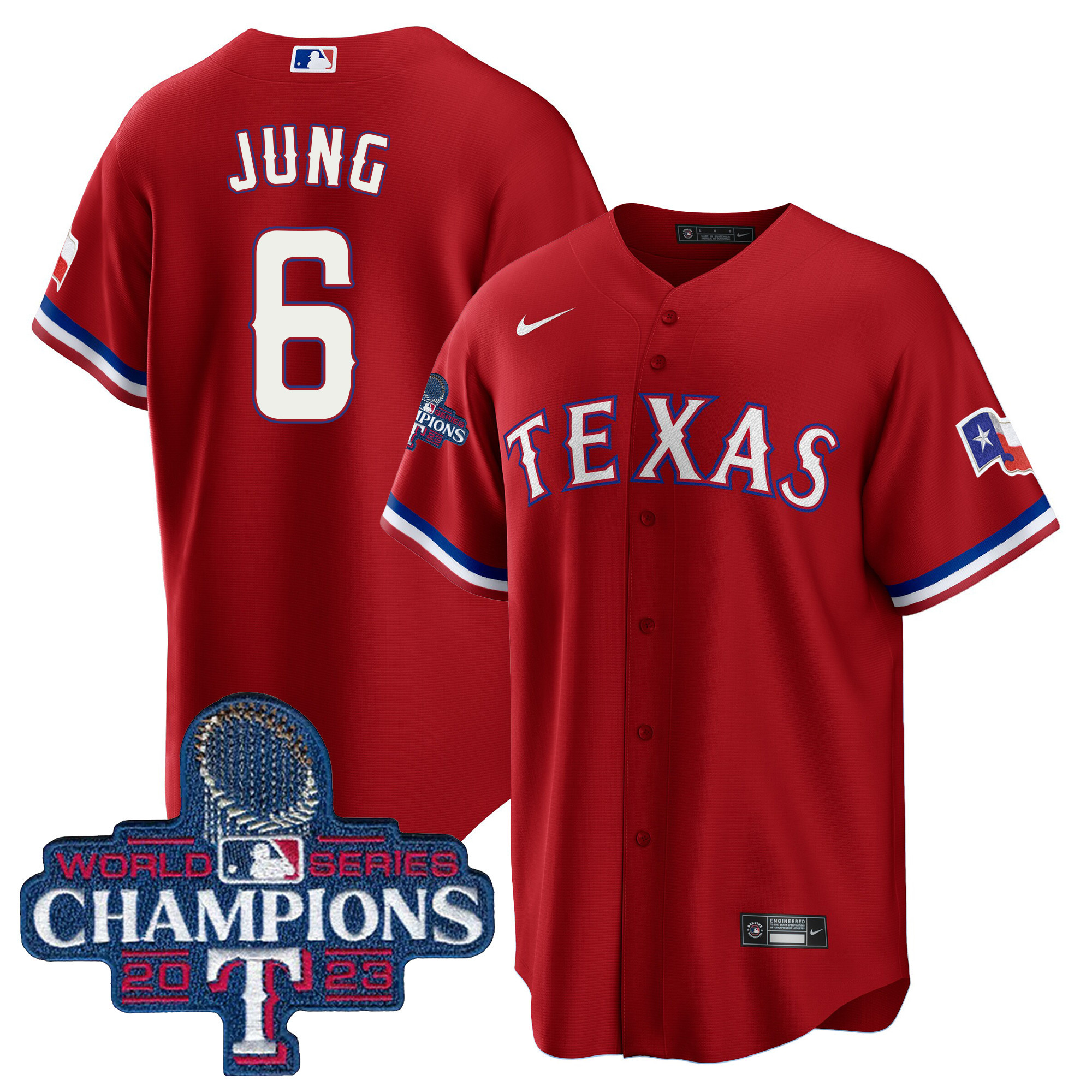 Josh Jung Men's Texas Rangers 2023 World Series Champions Cool Base Red Jersey - All Stitched