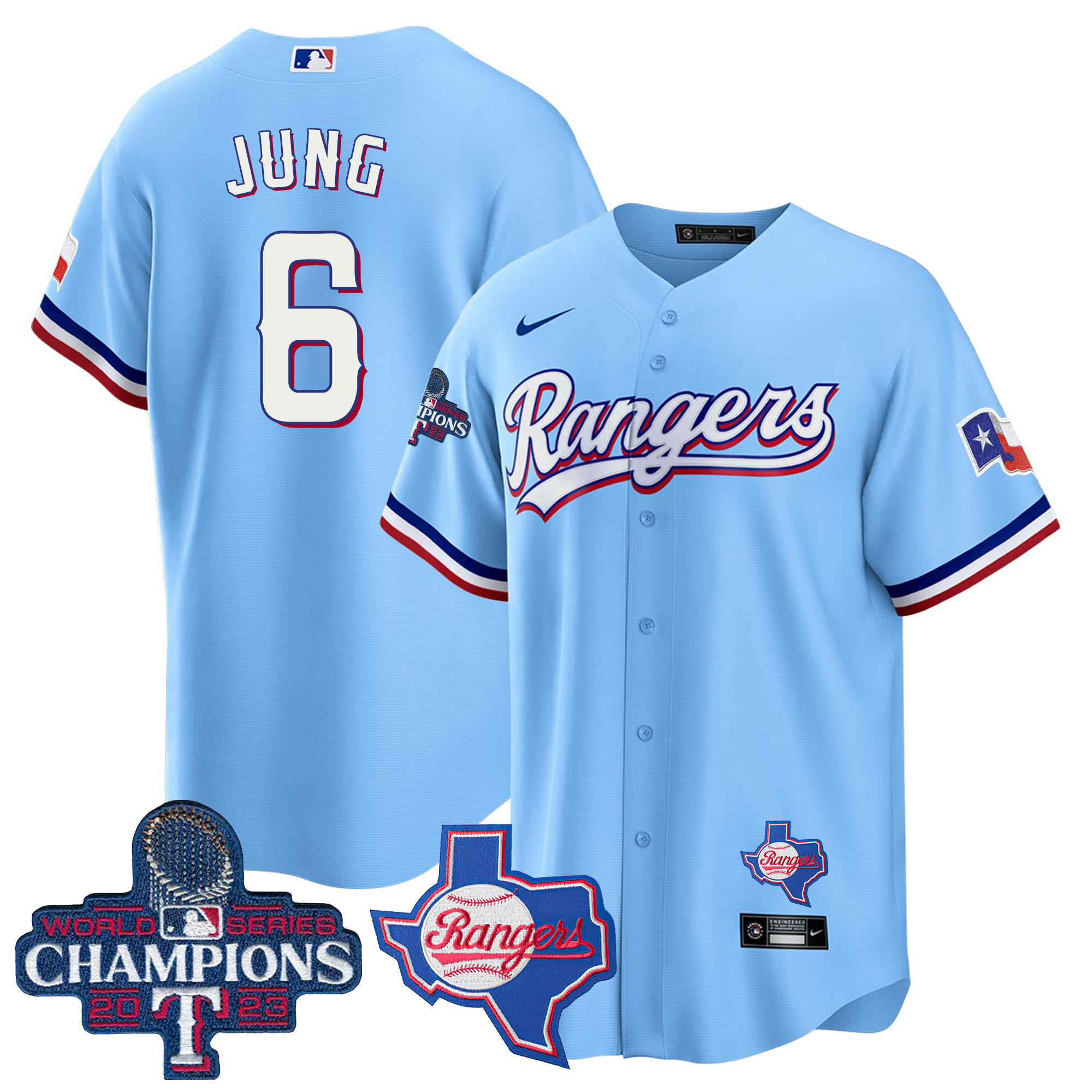 Josh Jung Men's Texas Rangers 2023 World Series Champions Cool Base V2 Blue Jersey - All Stitched