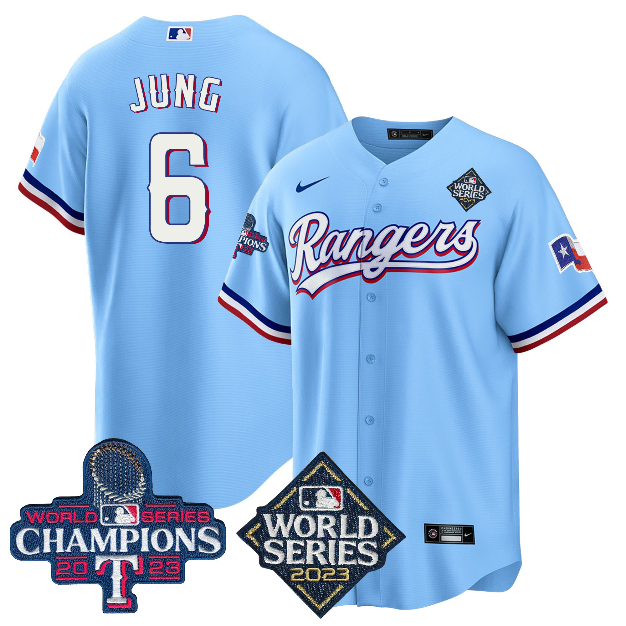 Josh Jung Men's Texas Rangers 2023 World Series Champions Cool Base V4 Blue Jersey - All Stitched