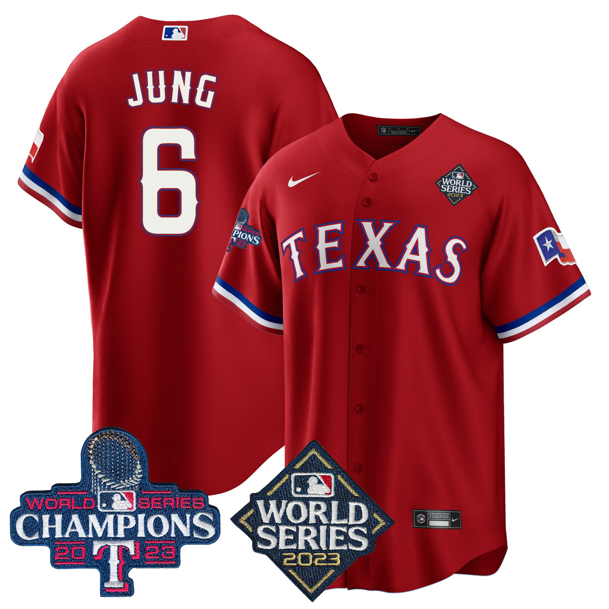 Josh Jung Men's Texas Rangers 2023 World Series Champions Cool Base V4 Red Jersey - All Stitched