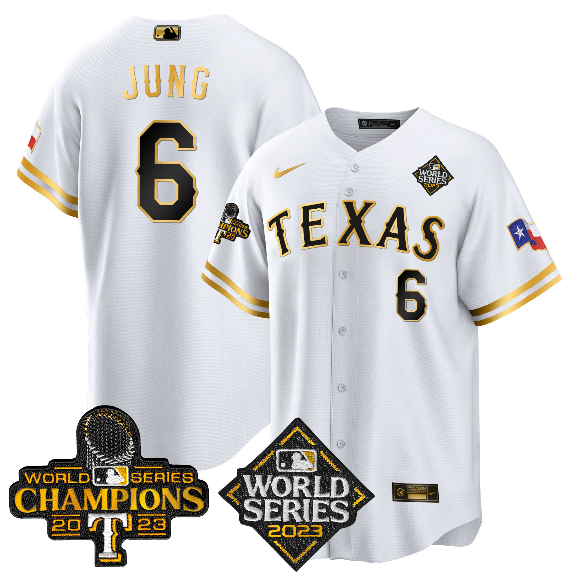Josh Jung Men's Texas Rangers 2023 World Series Champions Cool Base V4 White Gold Jersey - All Stitched