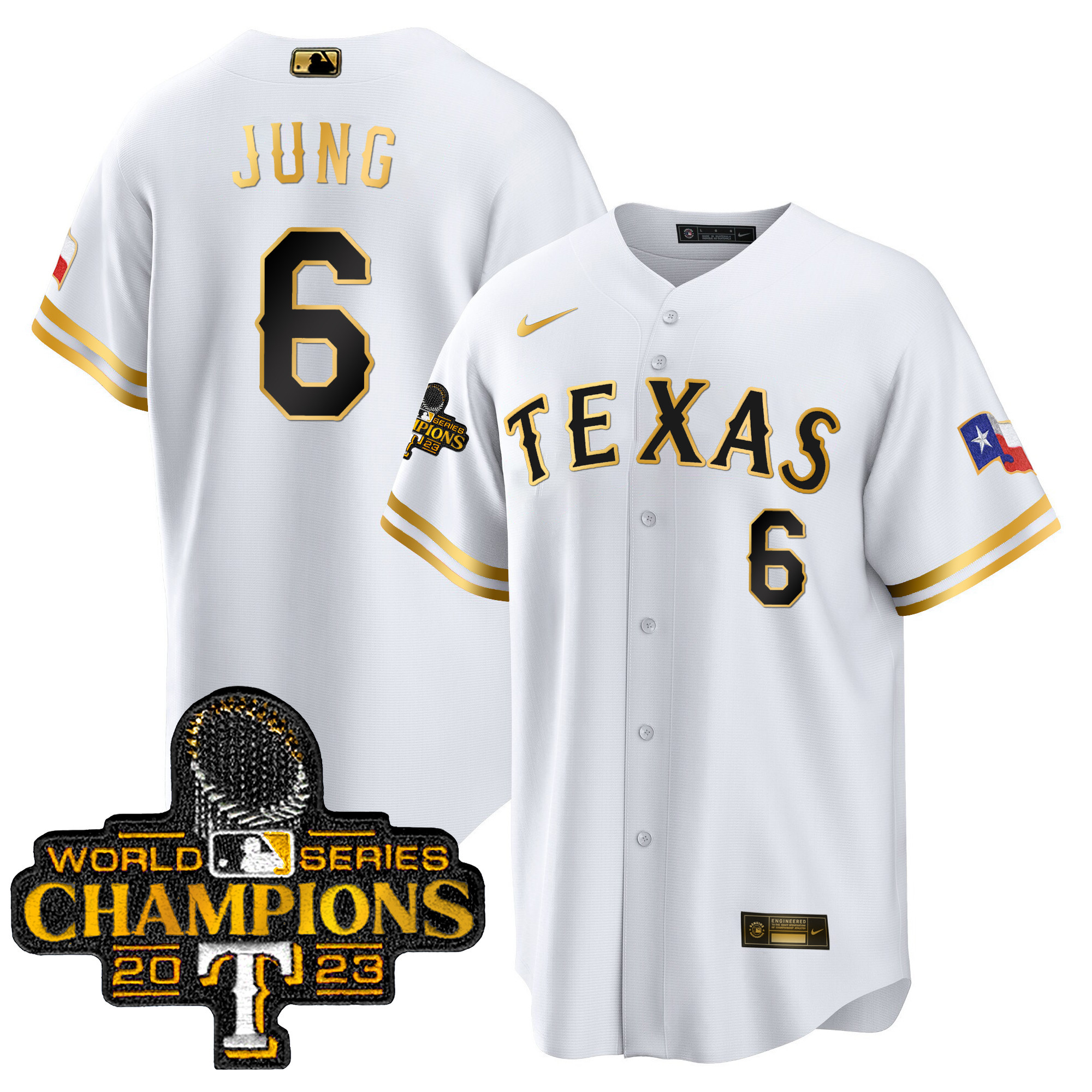 Josh Jung Men's Texas Rangers 2023 World Series Champions Cool Base White Gold Jersey - All Stitched