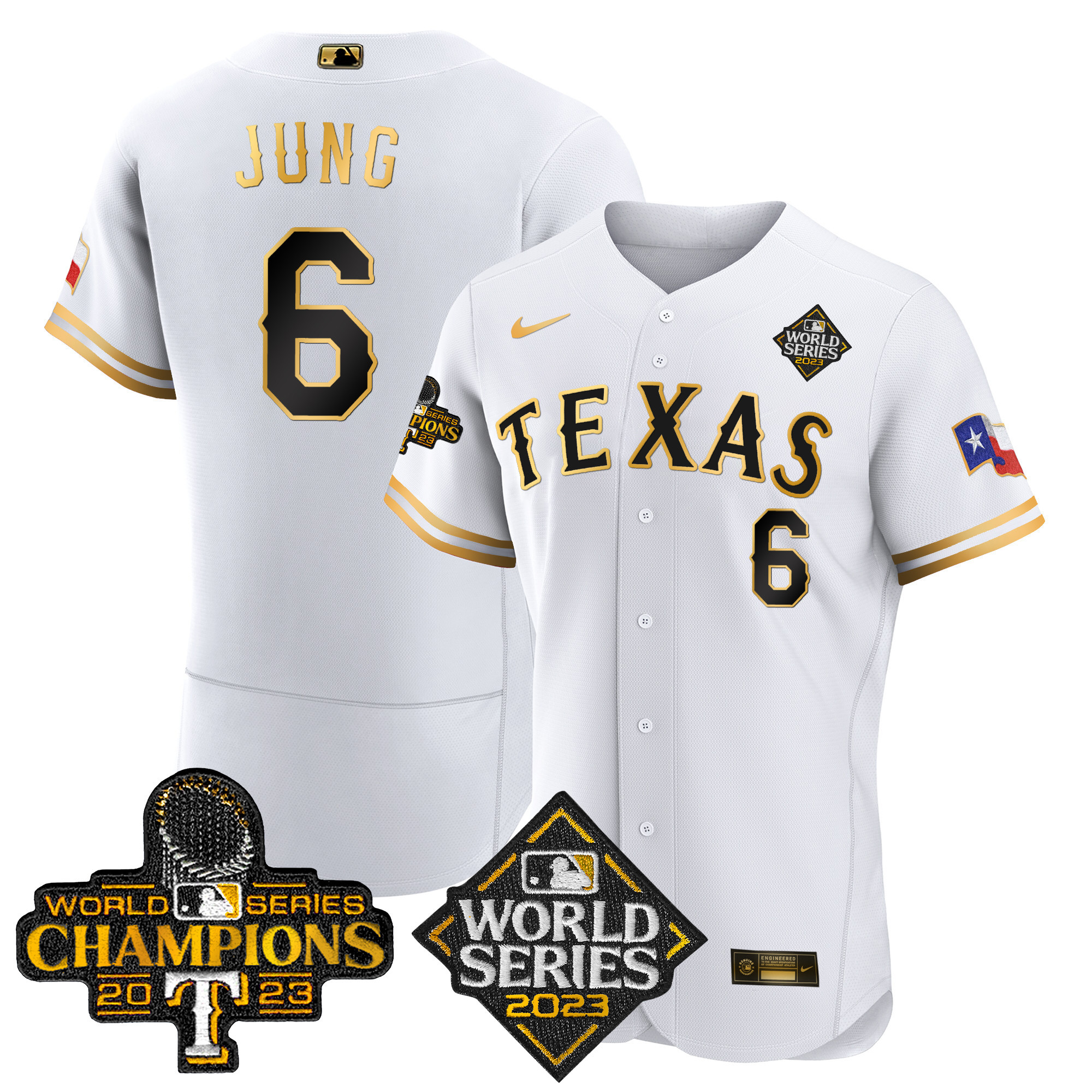 Josh Jung Men's Texas Rangers 2023 World Series Champions Flex Base V4 White Gold Jersey - All Stitched