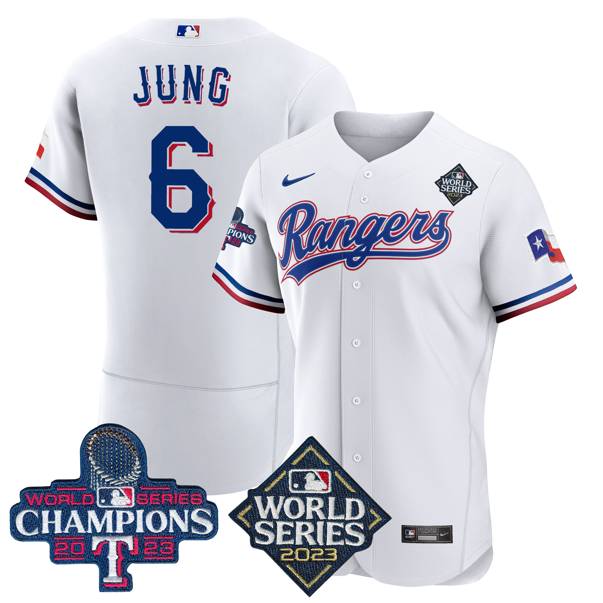 Josh Jung Men's Texas Rangers 2023 World Series Champions Flex Base V4 White Jersey - All Stitched