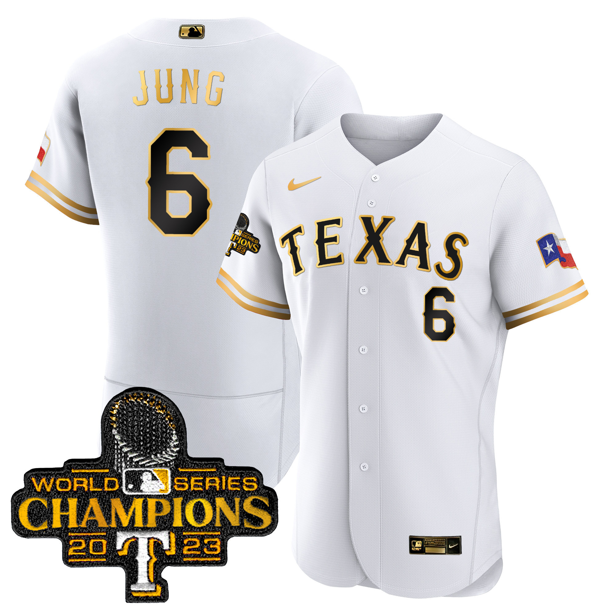 Josh Jung Men's Texas Rangers 2023 World Series Champions Flex Base White Gold Jersey - All Stitched