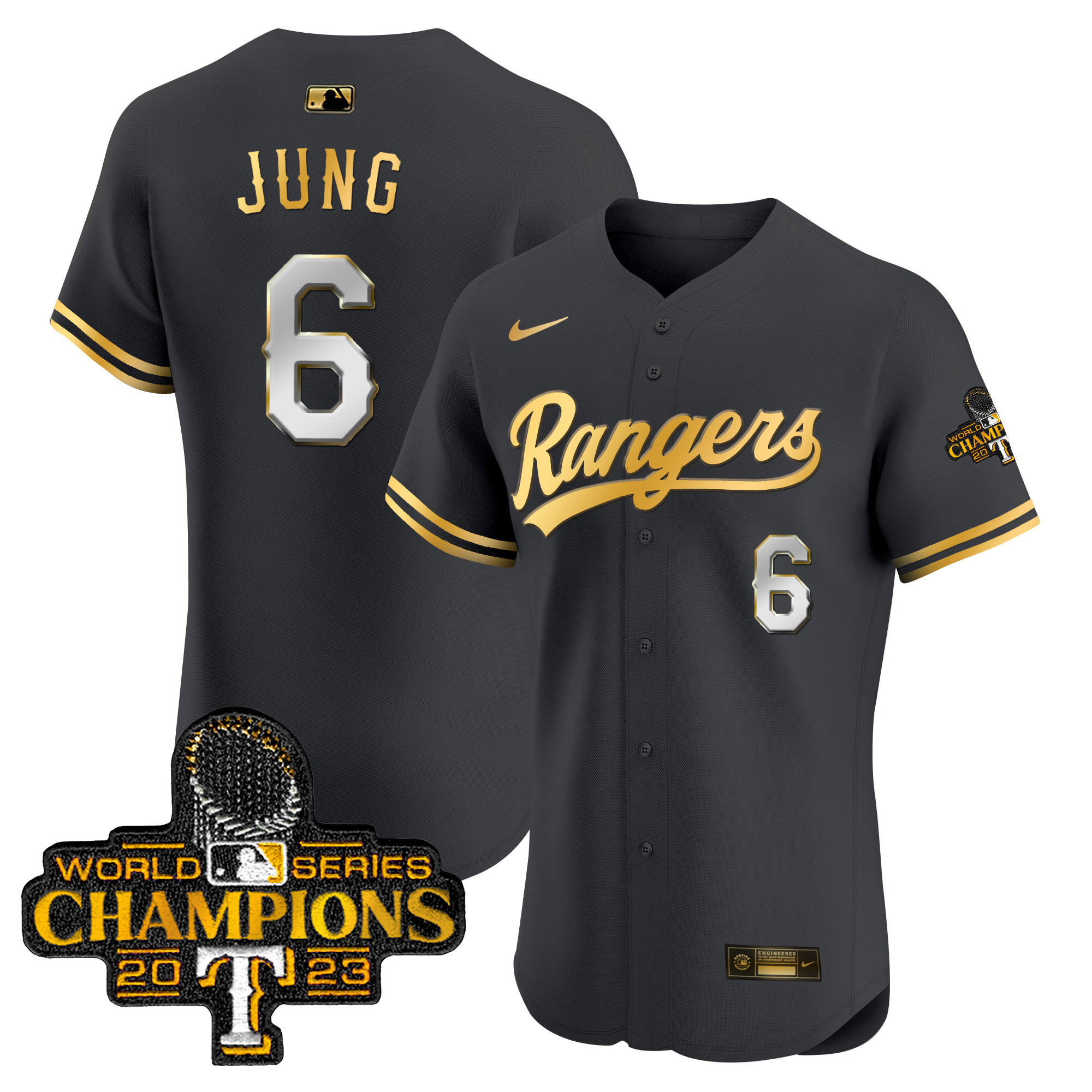 Josh Jung Men's Texas Rangers 2023 World Series Champions Gold Trim Vapor Premier Elite Black Gold Jersey - All Stitched