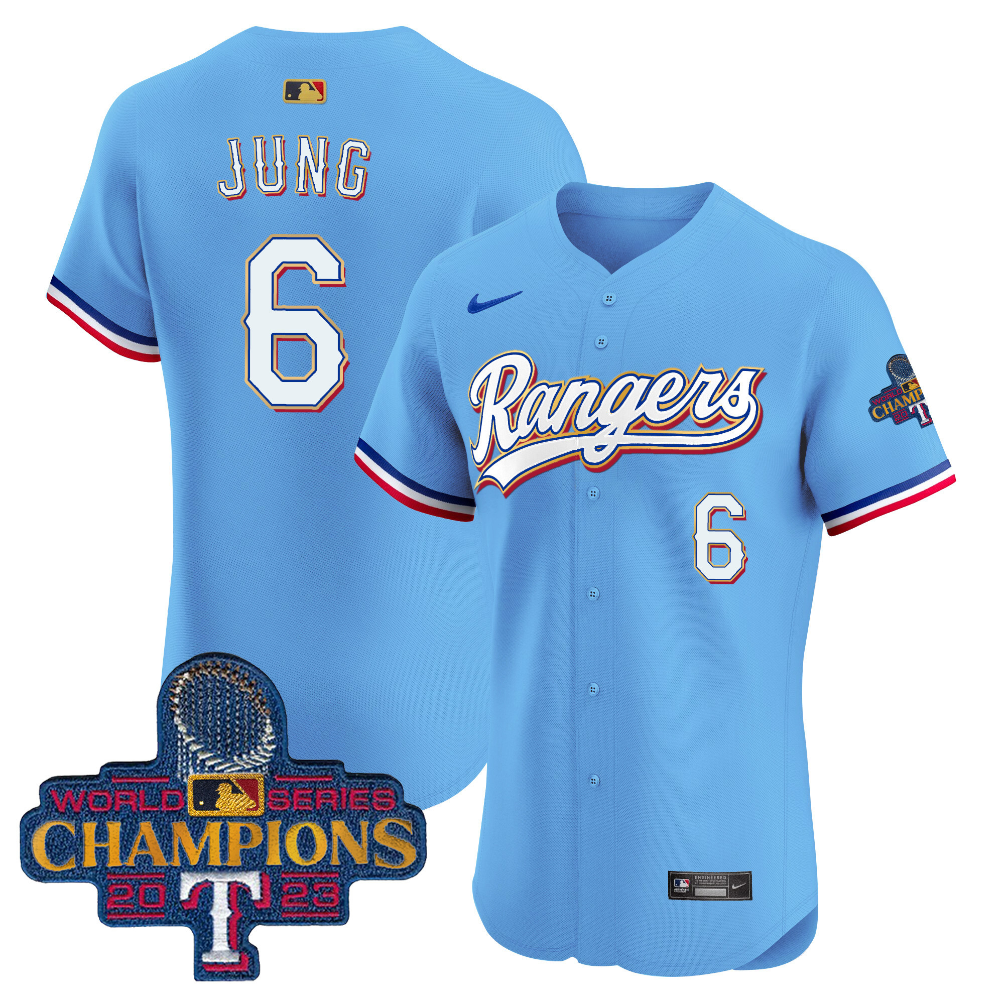 Josh Jung Men's Texas Rangers 2023 World Series Champions Gold Trim Vapor Premier Elite Blue Jersey - All Stitched