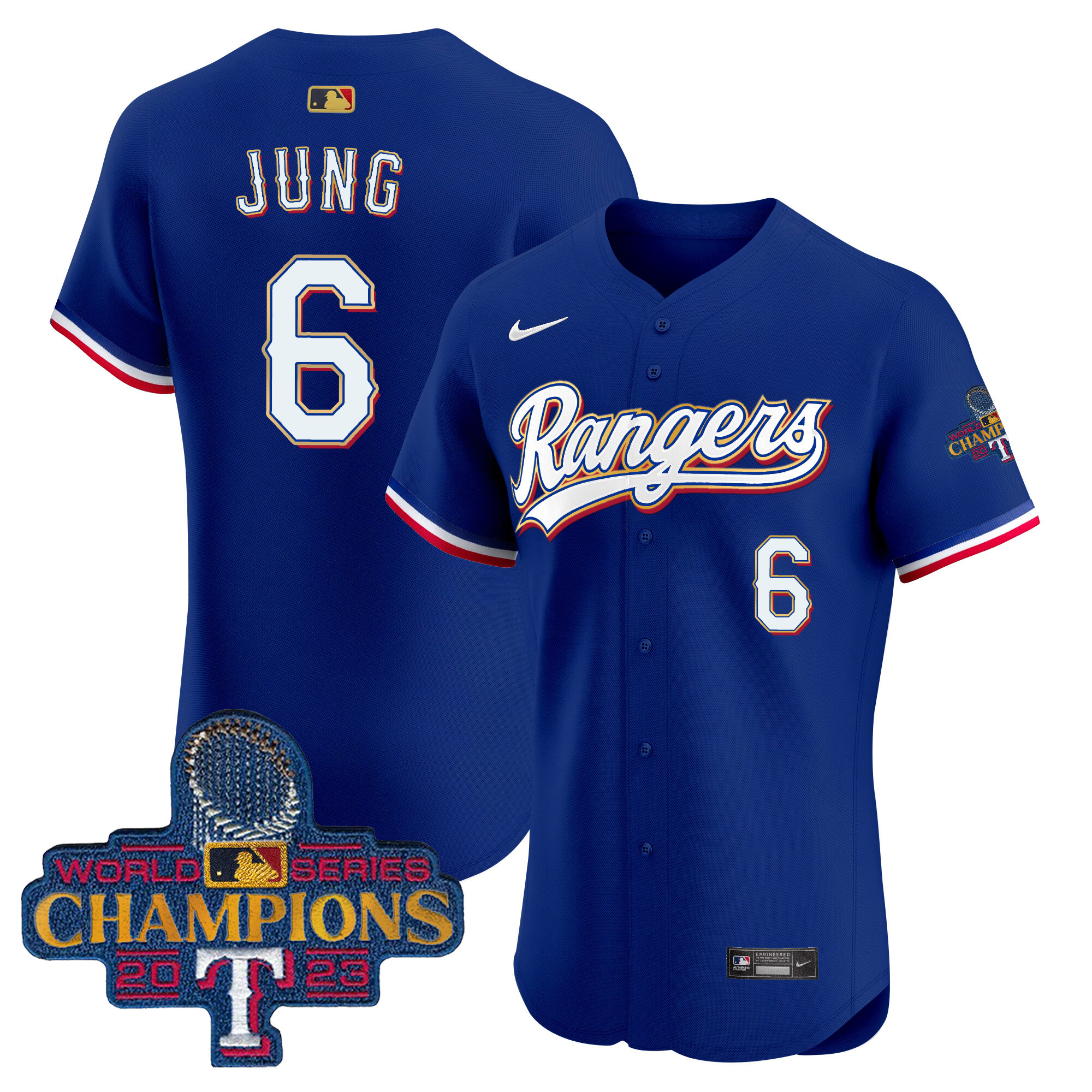 Josh Jung Men's Texas Rangers 2023 World Series Champions Gold Trim Vapor Premier Elite Royal Jersey - All Stitched
