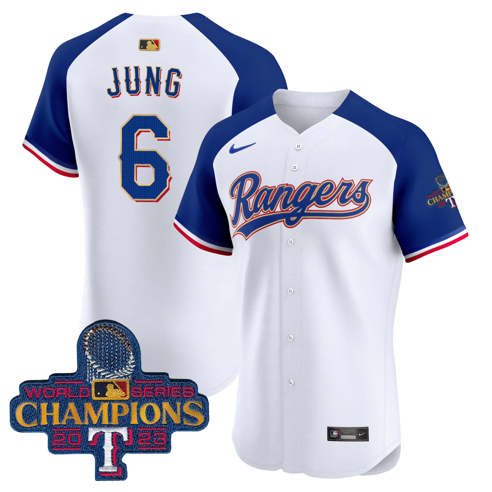 Josh Jung Men's Texas Rangers 2023 World Series Champions Gold Trim Vapor Premier Elite White Alternate Jersey - All Stitched