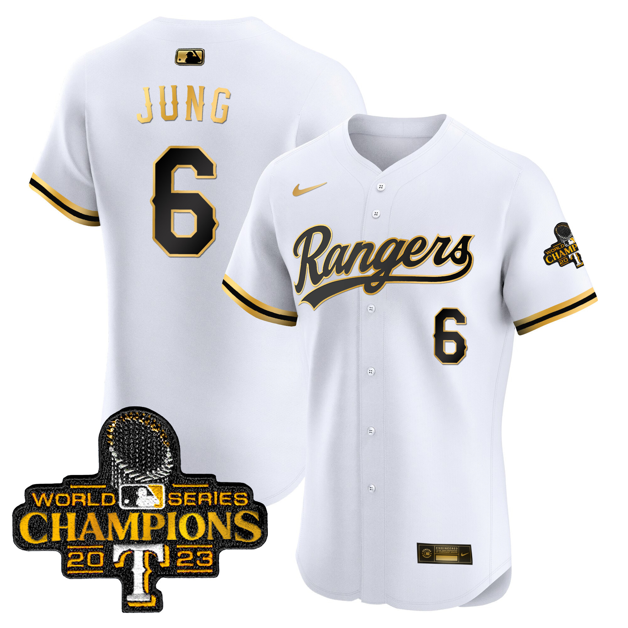 Josh Jung Men's Texas Rangers 2023 World Series Champions Gold Trim Vapor Premier Elite White Gold Jersey - All Stitched