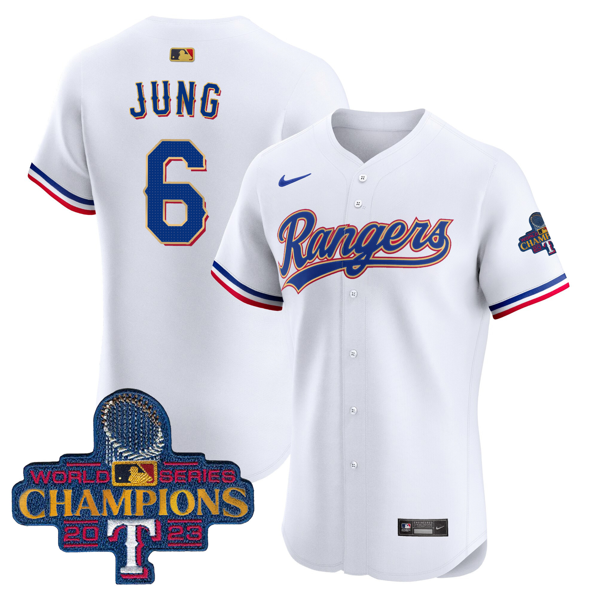 Josh Jung Men's Texas Rangers 2023 World Series Champions Gold Trim Vapor Premier Elite White Jersey - All Stitched - Image 1