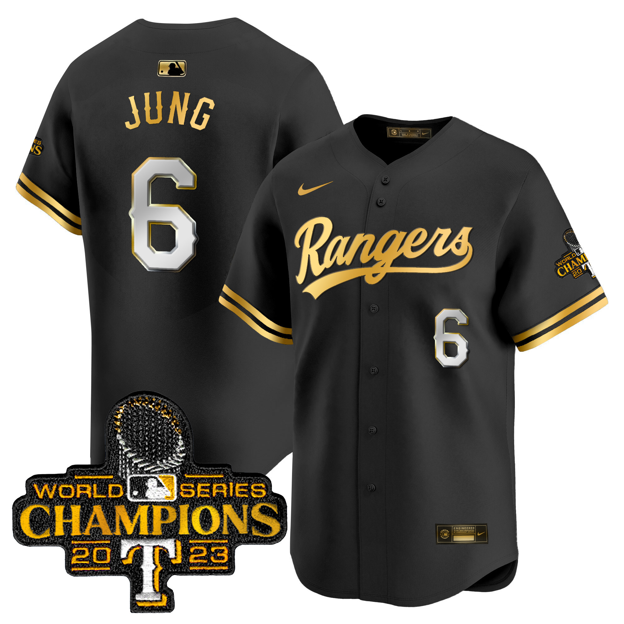 Josh Jung Men's Texas Rangers 2023 World Series Champions Gold Trim Vapor Premier Limited Black Gold Jersey - All Stitched