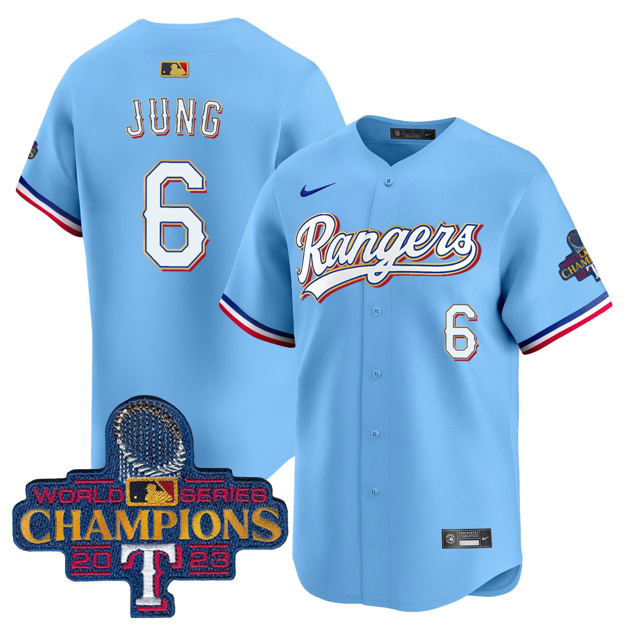 Josh Jung Men's Texas Rangers 2023 World Series Champions Gold Trim Vapor Premier Limited Blue Jersey - All Stitched