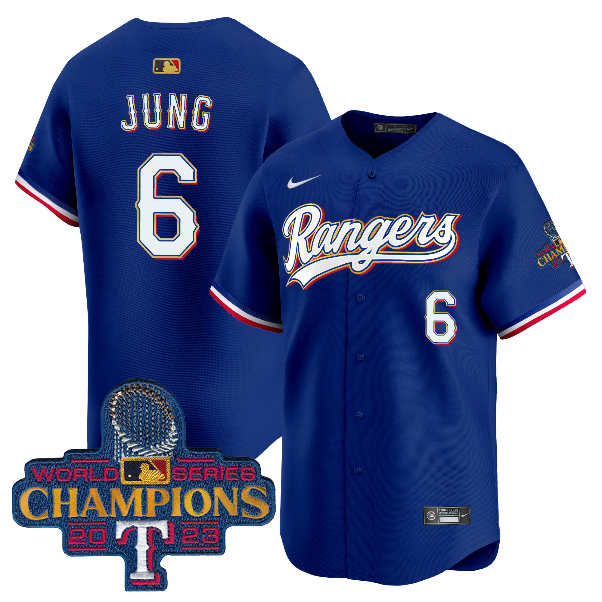Josh Jung Men's Texas Rangers 2023 World Series Champions Gold Trim Vapor Premier Limited Royal Jersey - All Stitched