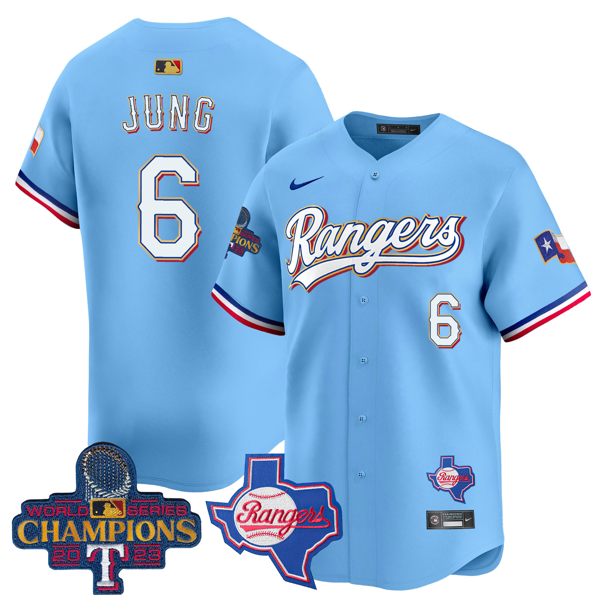 Josh Jung Men's Texas Rangers 2023 World Series Champions Gold Trim Vapor Premier Limited V2 Blue Jersey - All Stitched