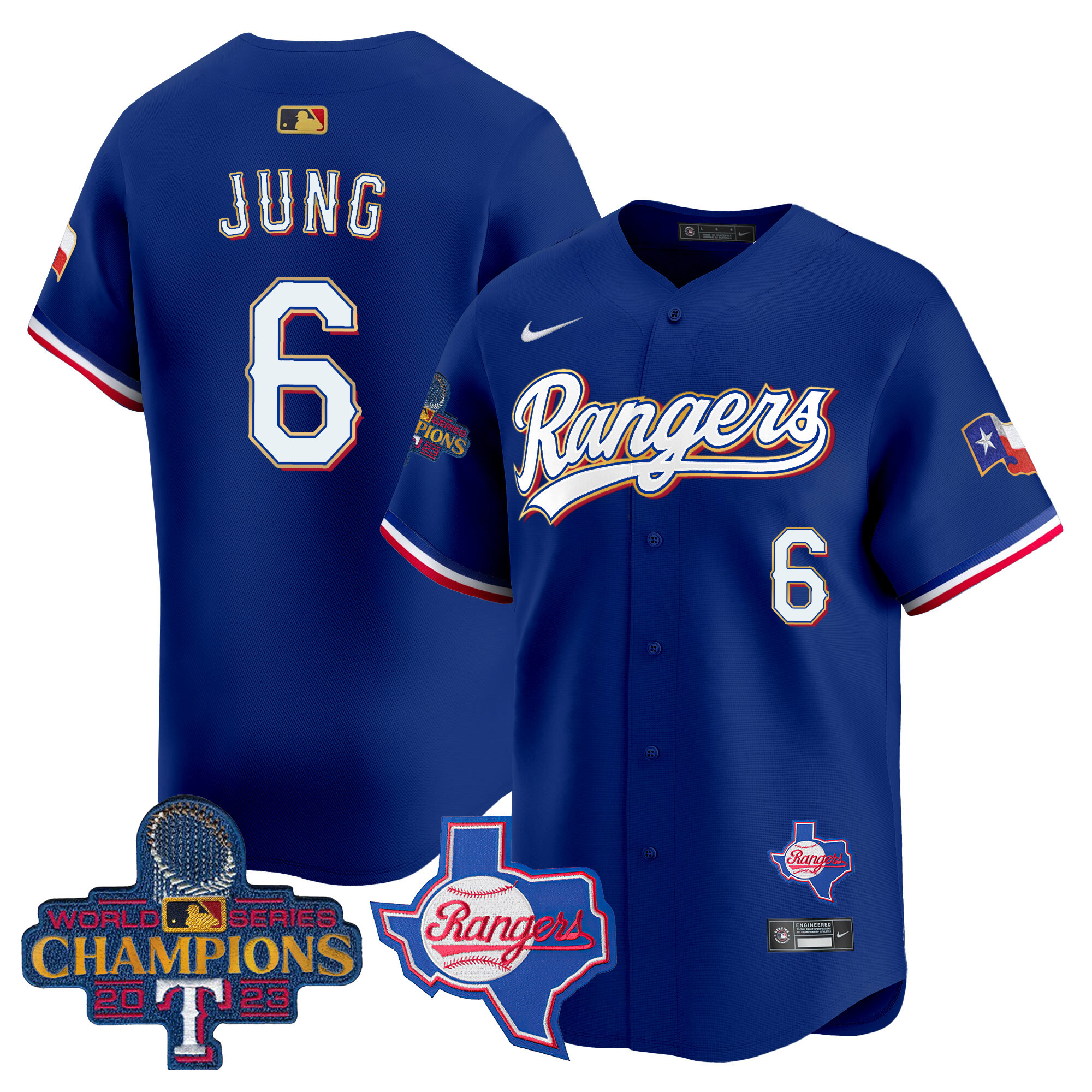 Josh Jung Men's Texas Rangers 2023 World Series Champions Gold Trim Vapor Premier Limited V2 Royal Jersey - All Stitched