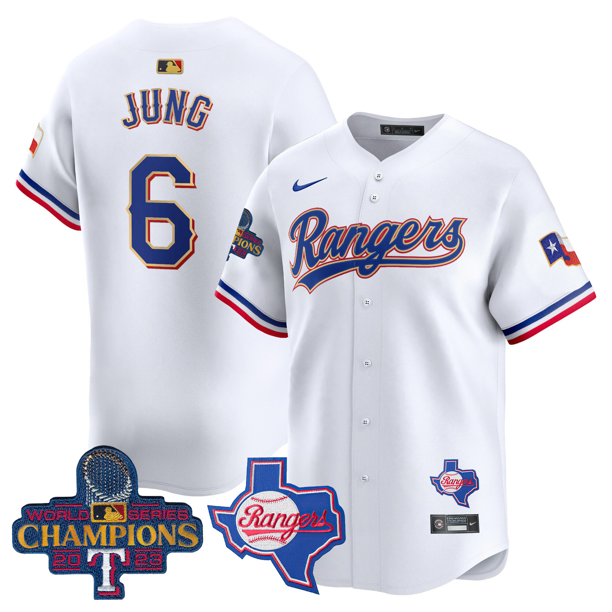 Josh Jung Men's Texas Rangers 2023 World Series Champions Gold Trim Vapor Premier Limited V2 White Jersey - All Stitched