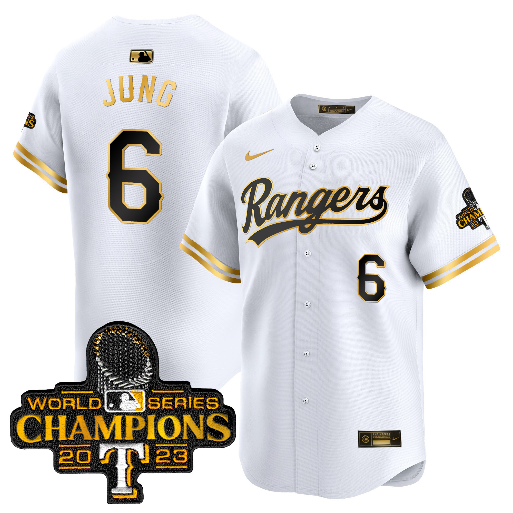 Josh Jung Men's Texas Rangers 2023 World Series Champions Gold Trim Vapor Premier Limited White Gold Jersey - All Stitched