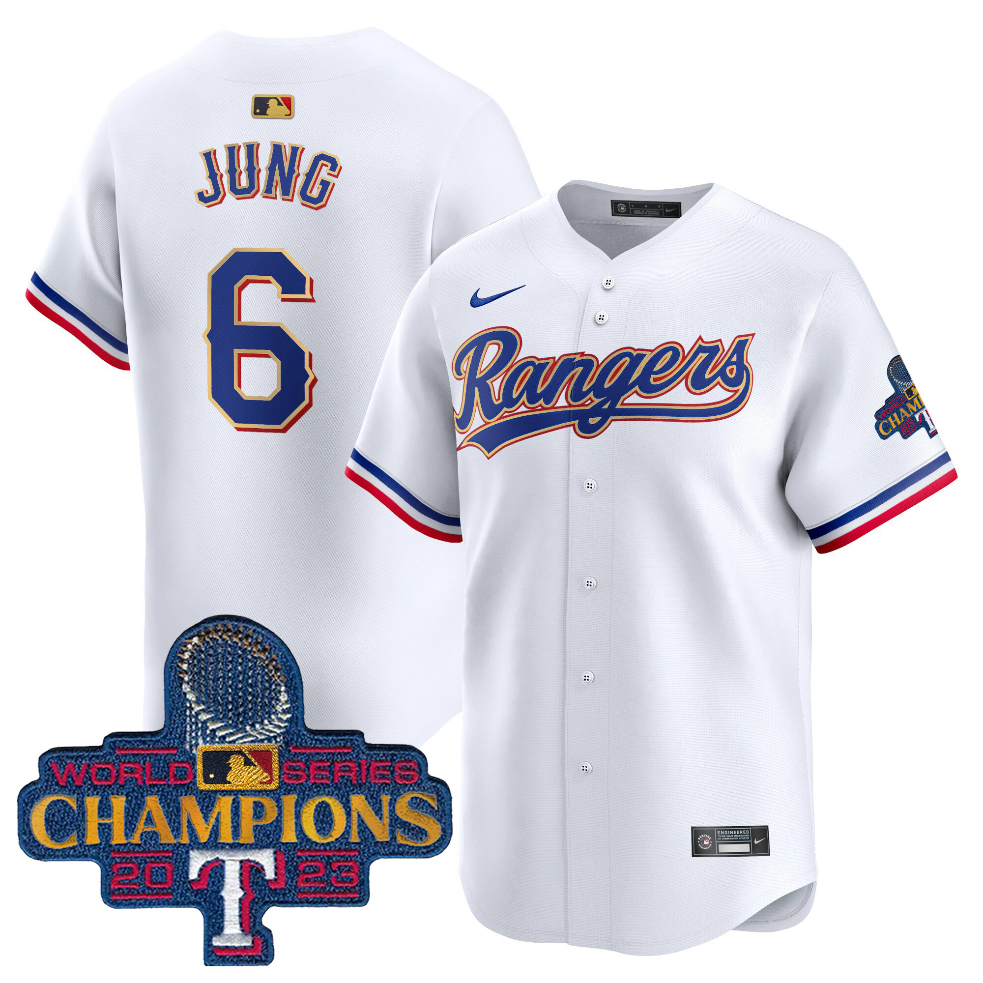 Josh Jung Men's Texas Rangers 2023 World Series Champions Gold Trim Vapor Premier Limited White Jersey - All Stitched
