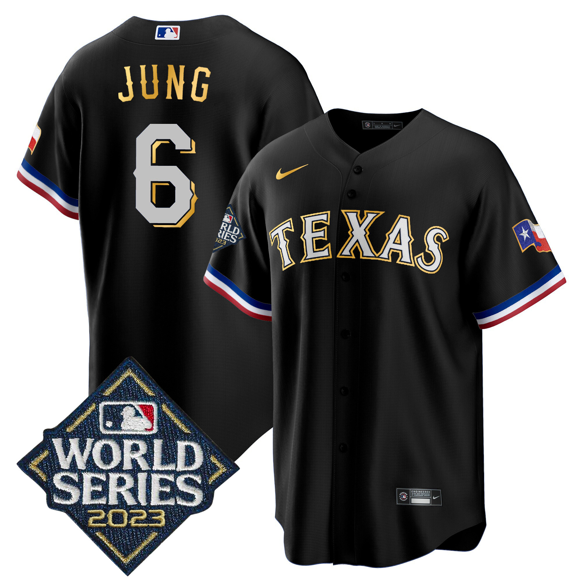 Josh Jung Men's Texas Rangers 2023 World Series Cool Base Gold Trim Black Jersey - All Stitched