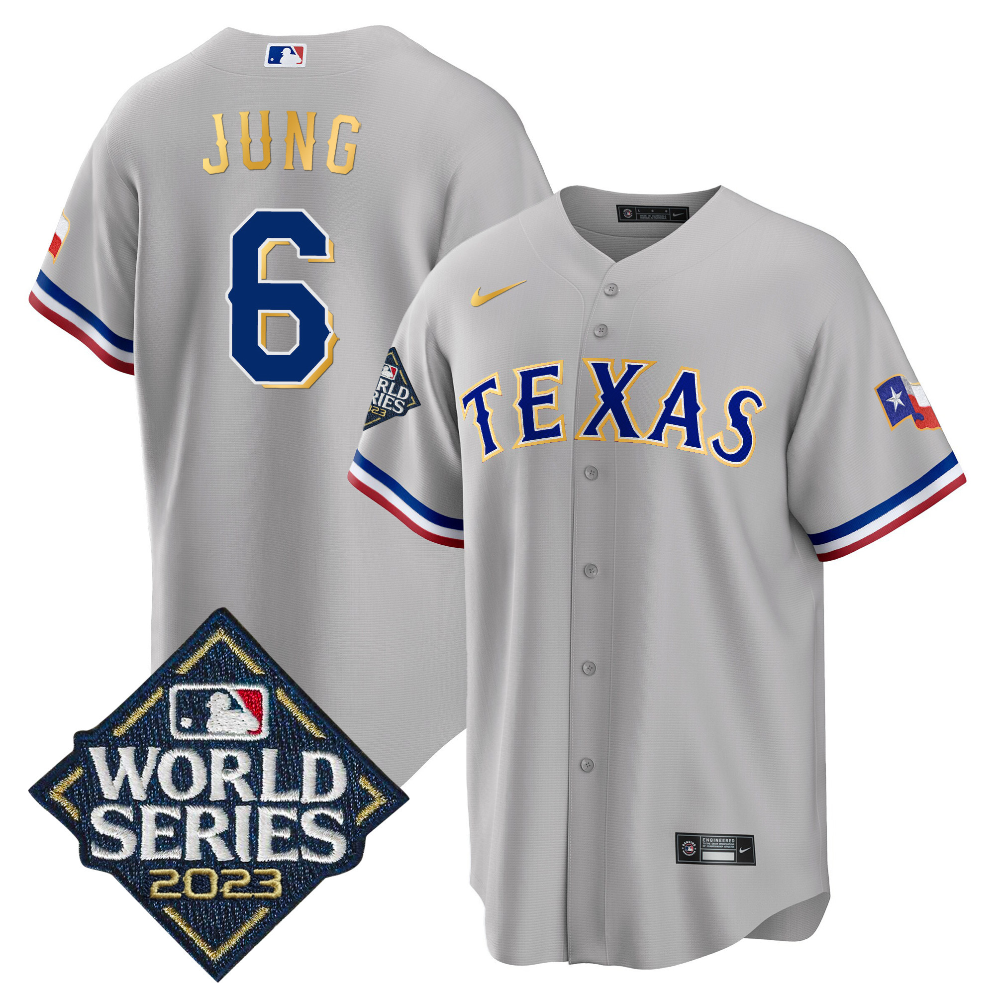 Josh Jung Men's Texas Rangers 2023 World Series Cool Base Gold Trim Gray Jersey - All Stitched