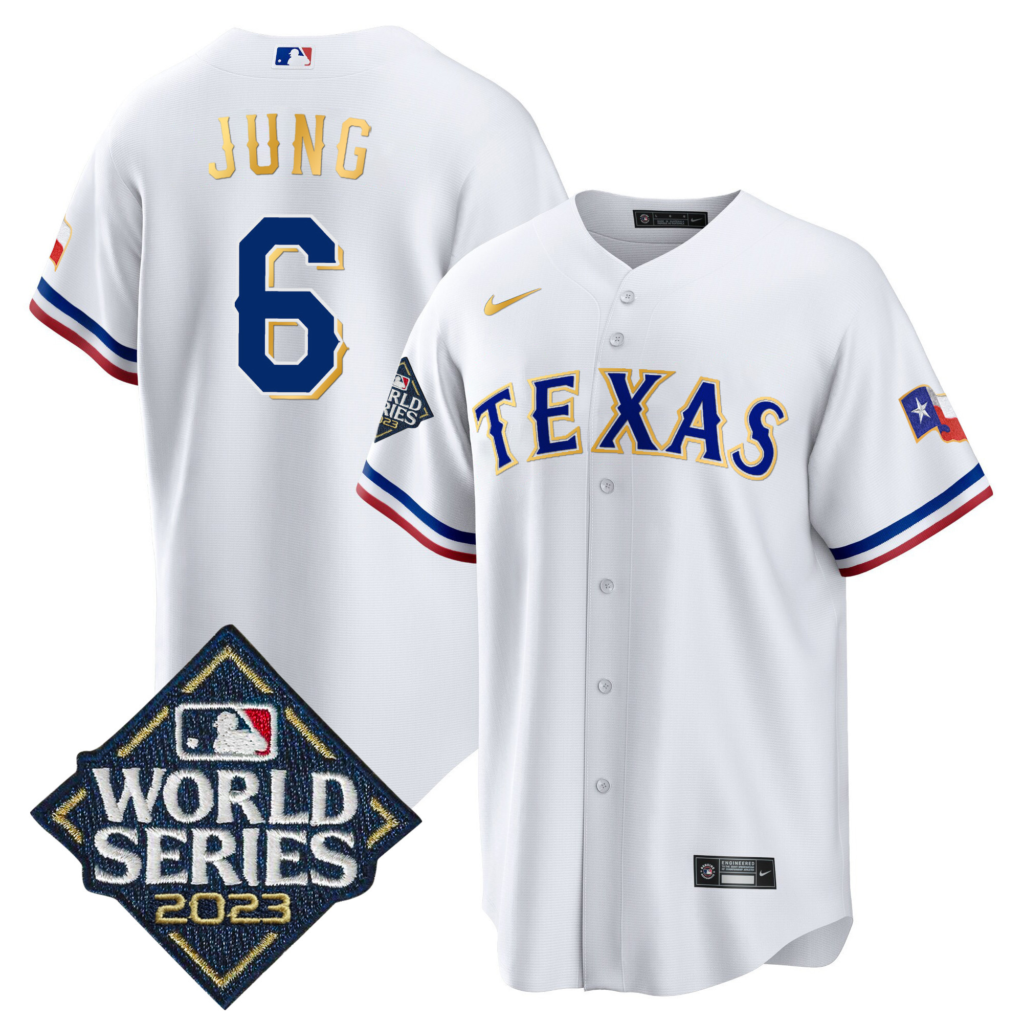 Josh Jung Men's Texas Rangers 2023 World Series Cool Base Gold Trim White Jersey - All Stitched
