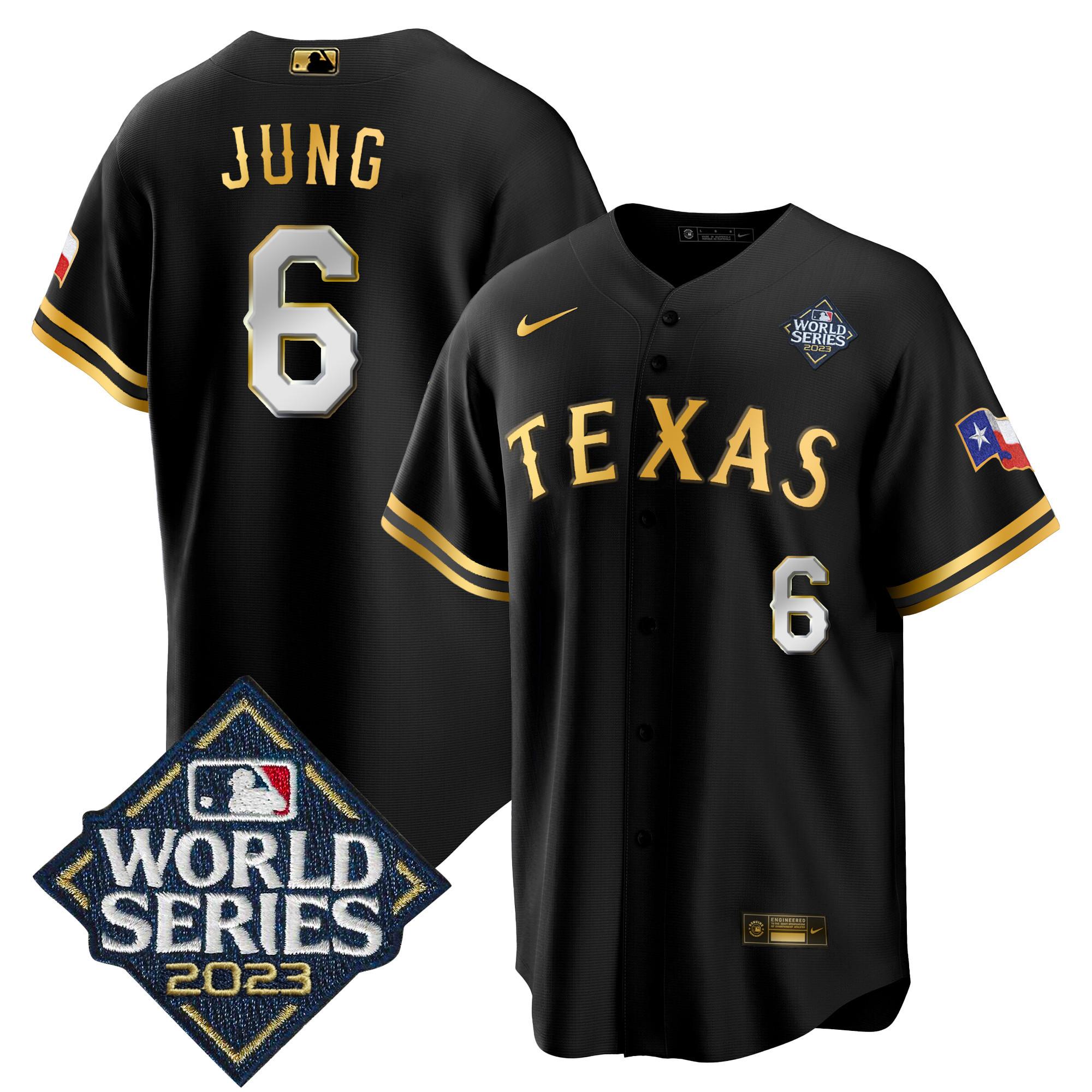 Josh Jung Men's Texas Rangers 2023 World Series Cool Base V2 Black Gold Jersey - All Stitched