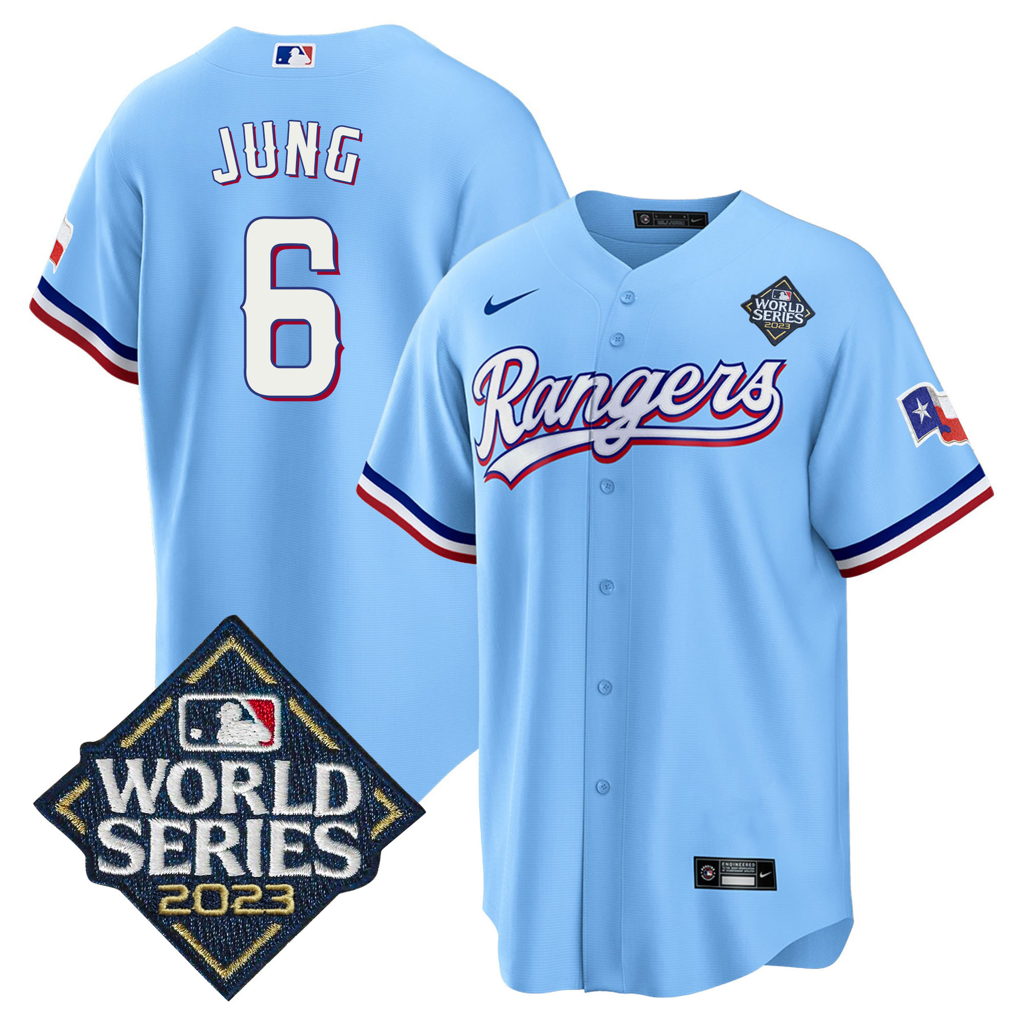 Josh Jung Men's Texas Rangers 2023 World Series Cool Base V2 Blue Jersey - All Stitched