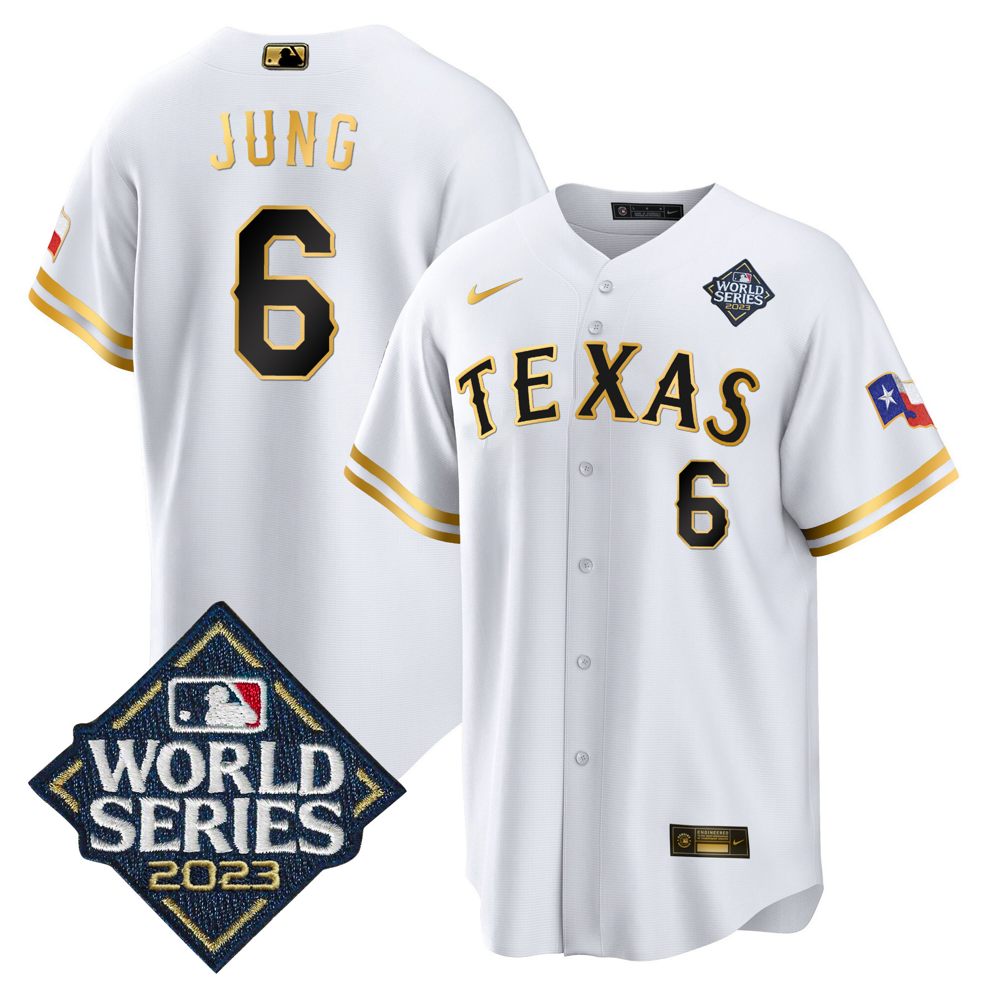 Josh Jung Men's Texas Rangers 2023 World Series Cool Base V2 White Gold Jersey - All Stitched